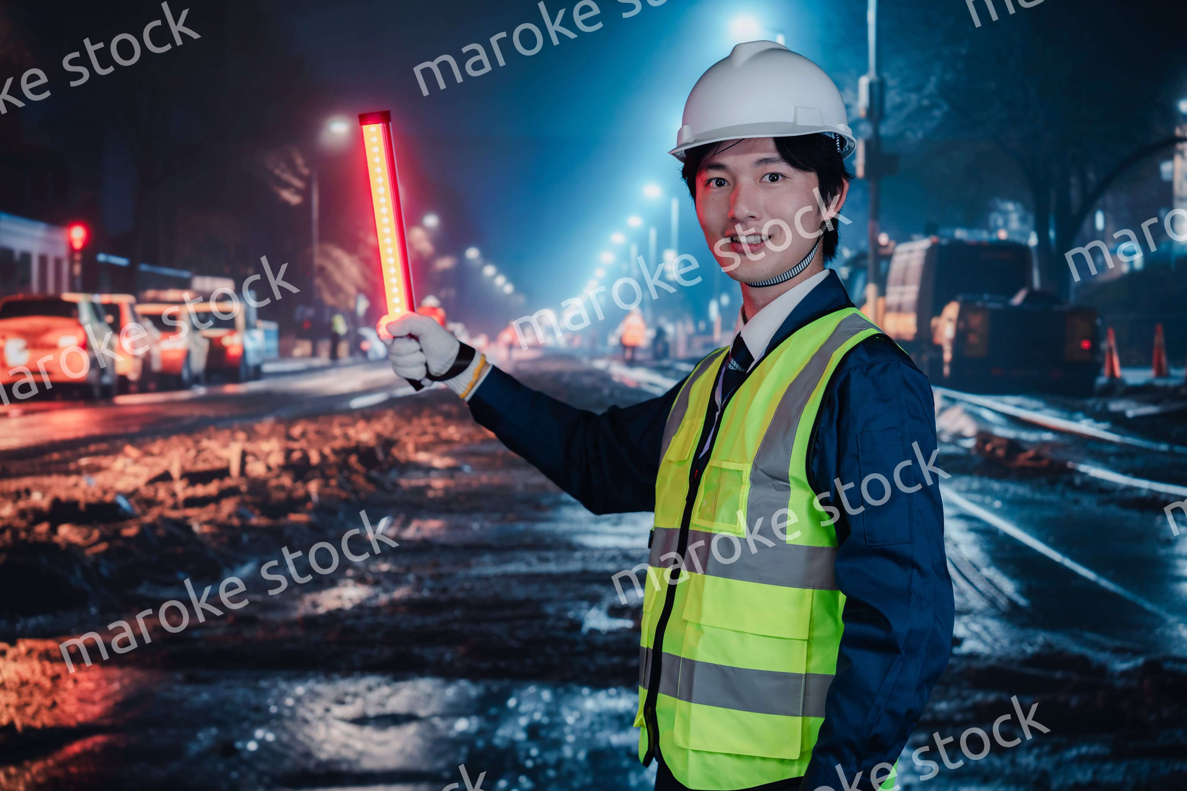 道路で交通整理をする警備員