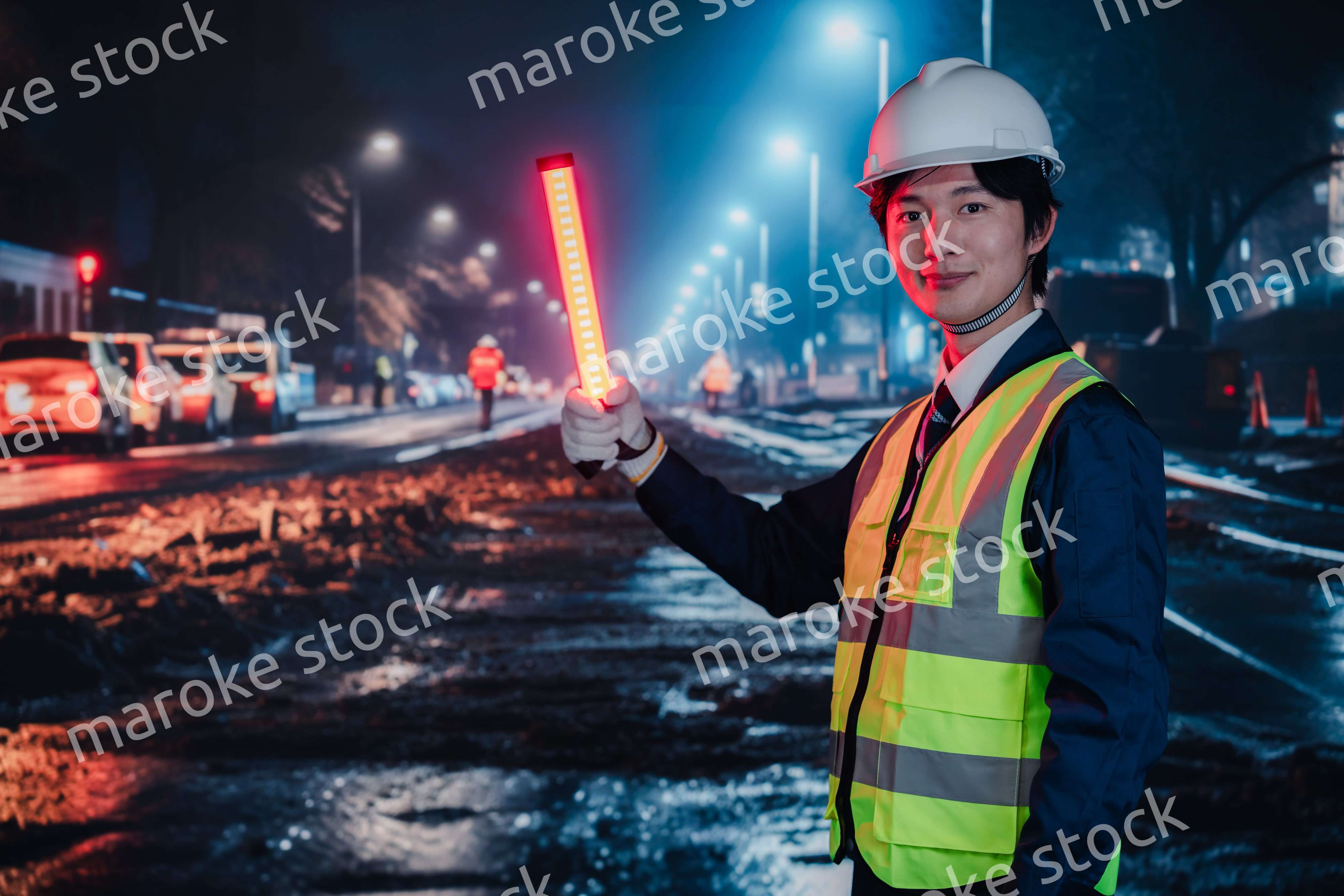 道路で交通整理をする警備員