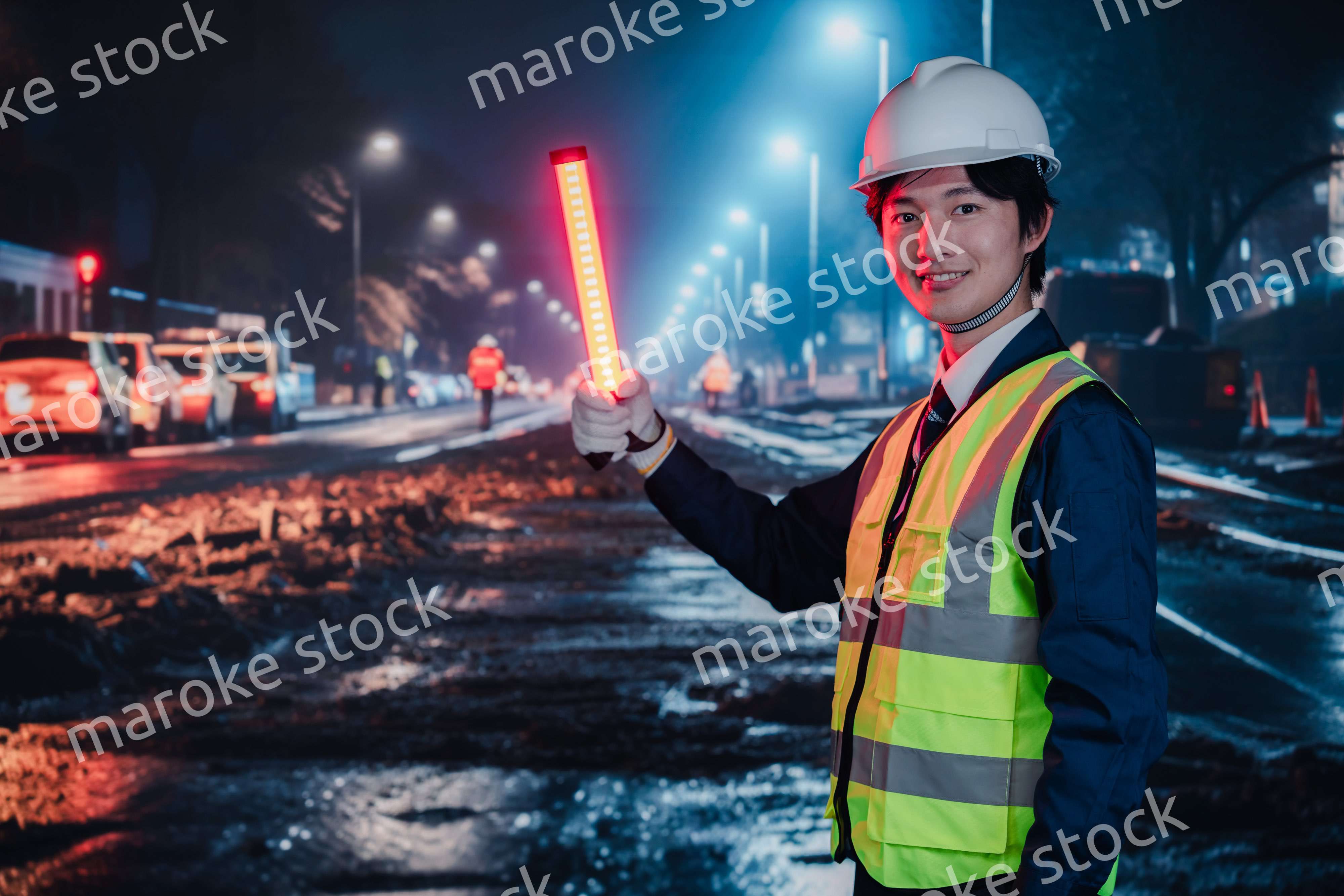 道路で交通整理をする警備員