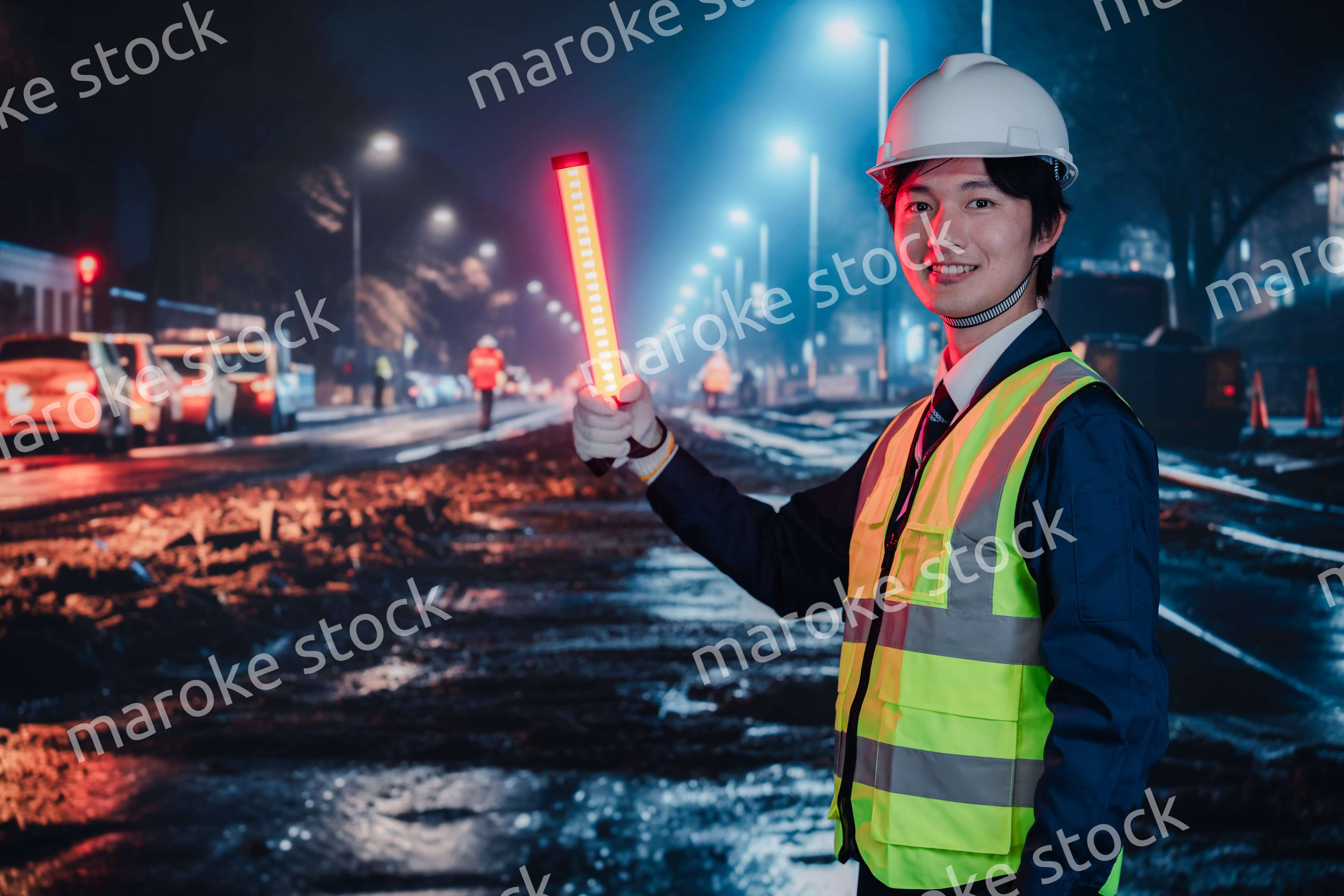 道路で交通整理をする警備員