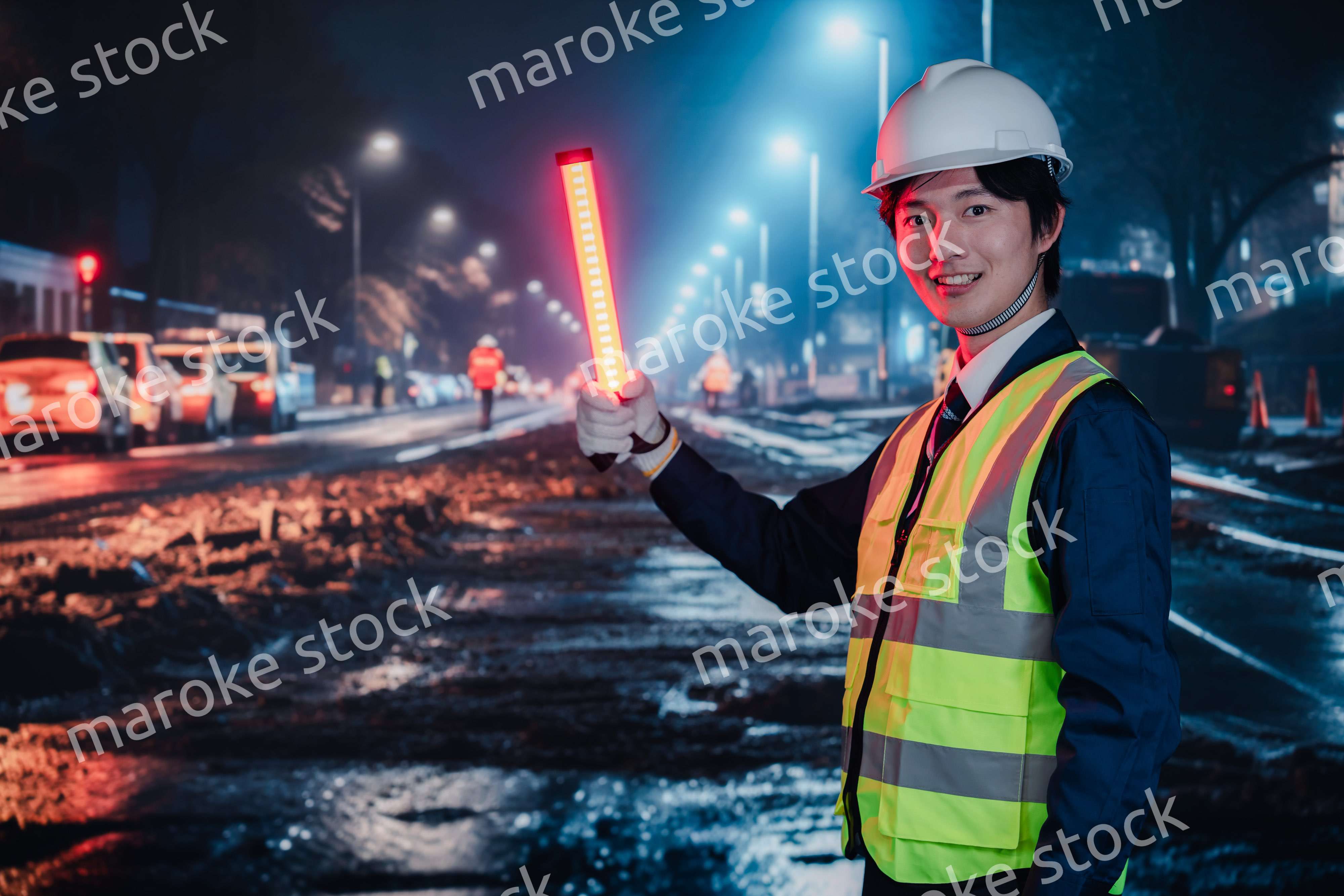 道路で交通整理をする警備員