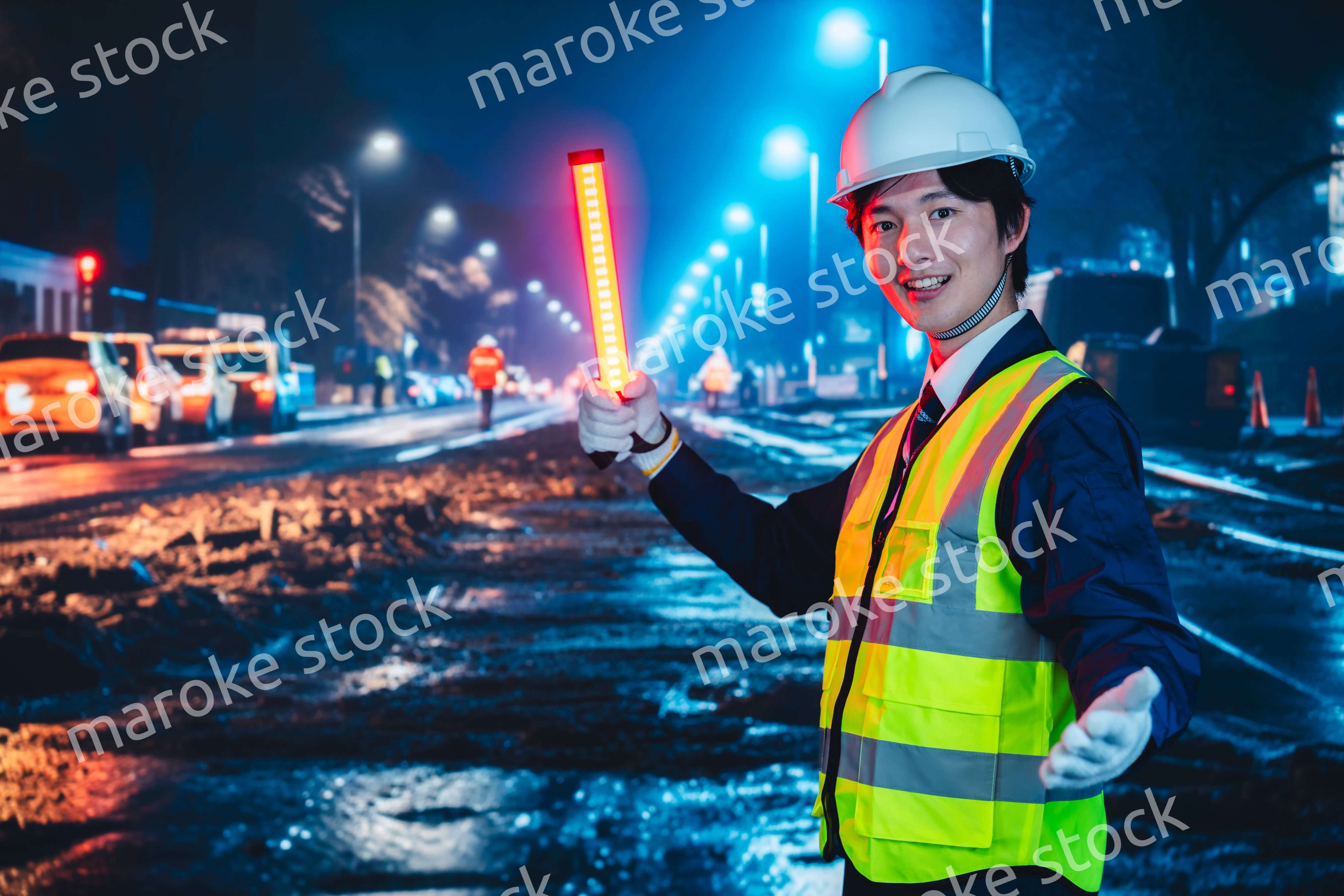 道路で案内をする警備員