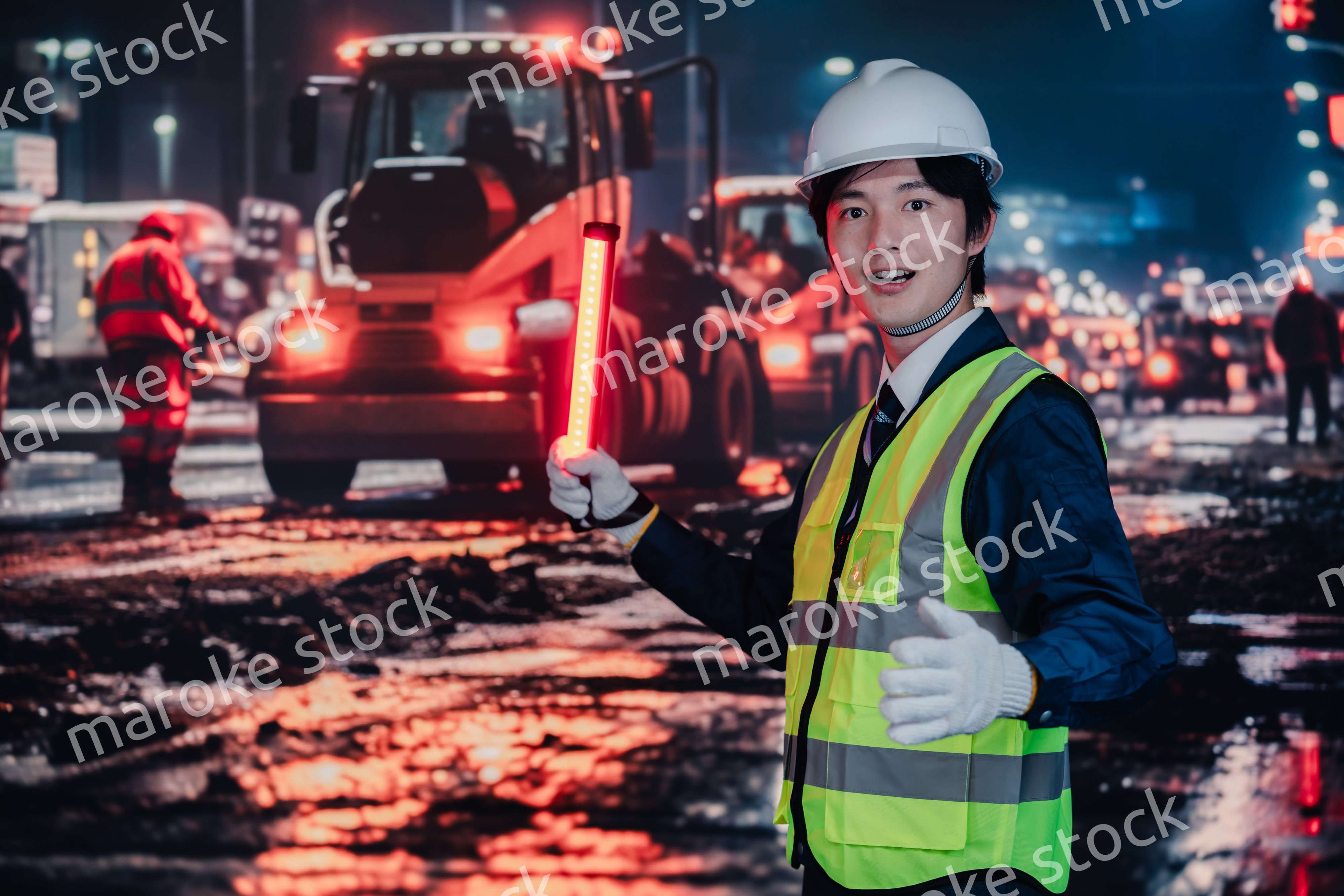 道路で交通整理をする警備員