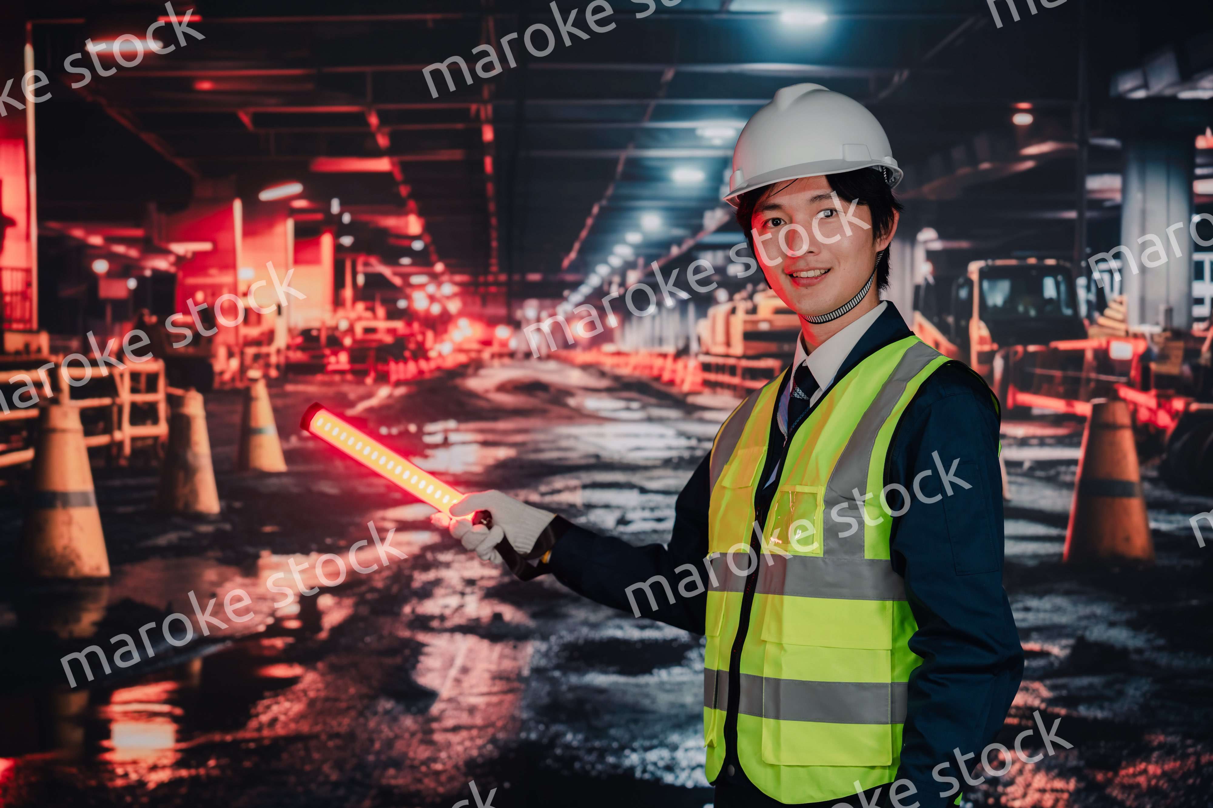 道路で交通整理をする警備員