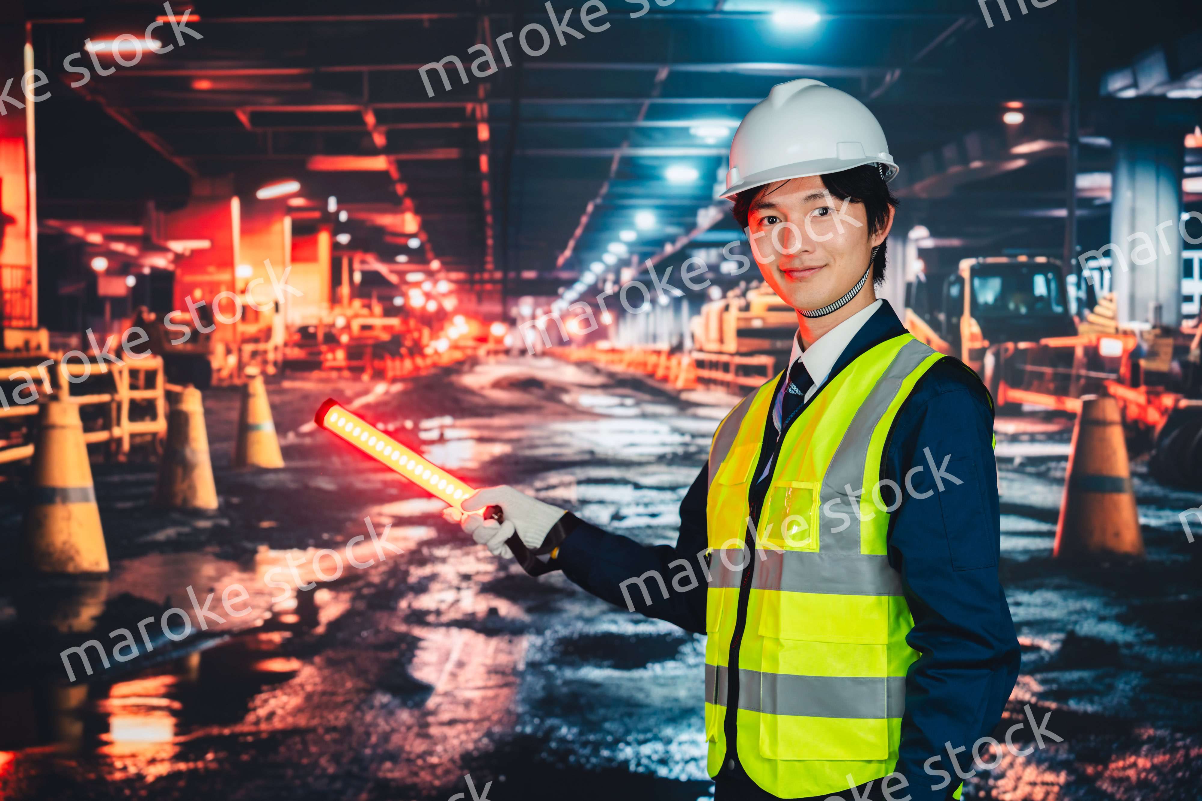道路で案内をする警備員