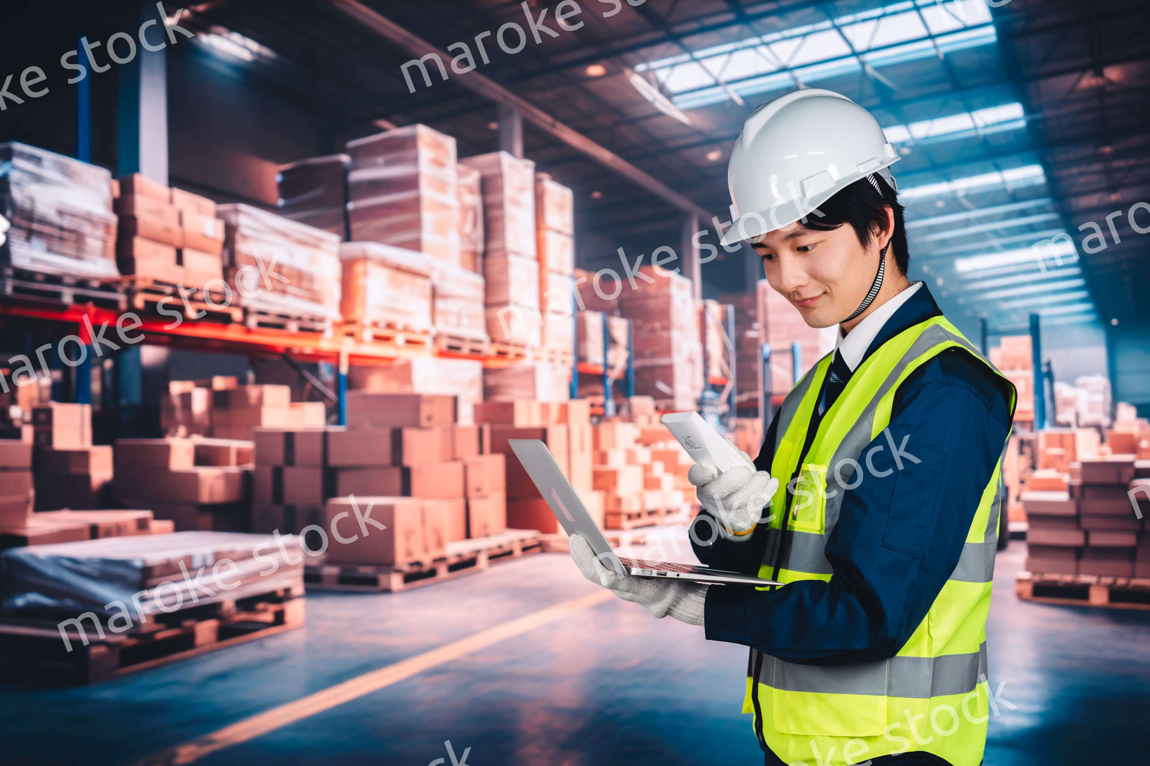 物流倉庫で在庫の管理をする男性作業員