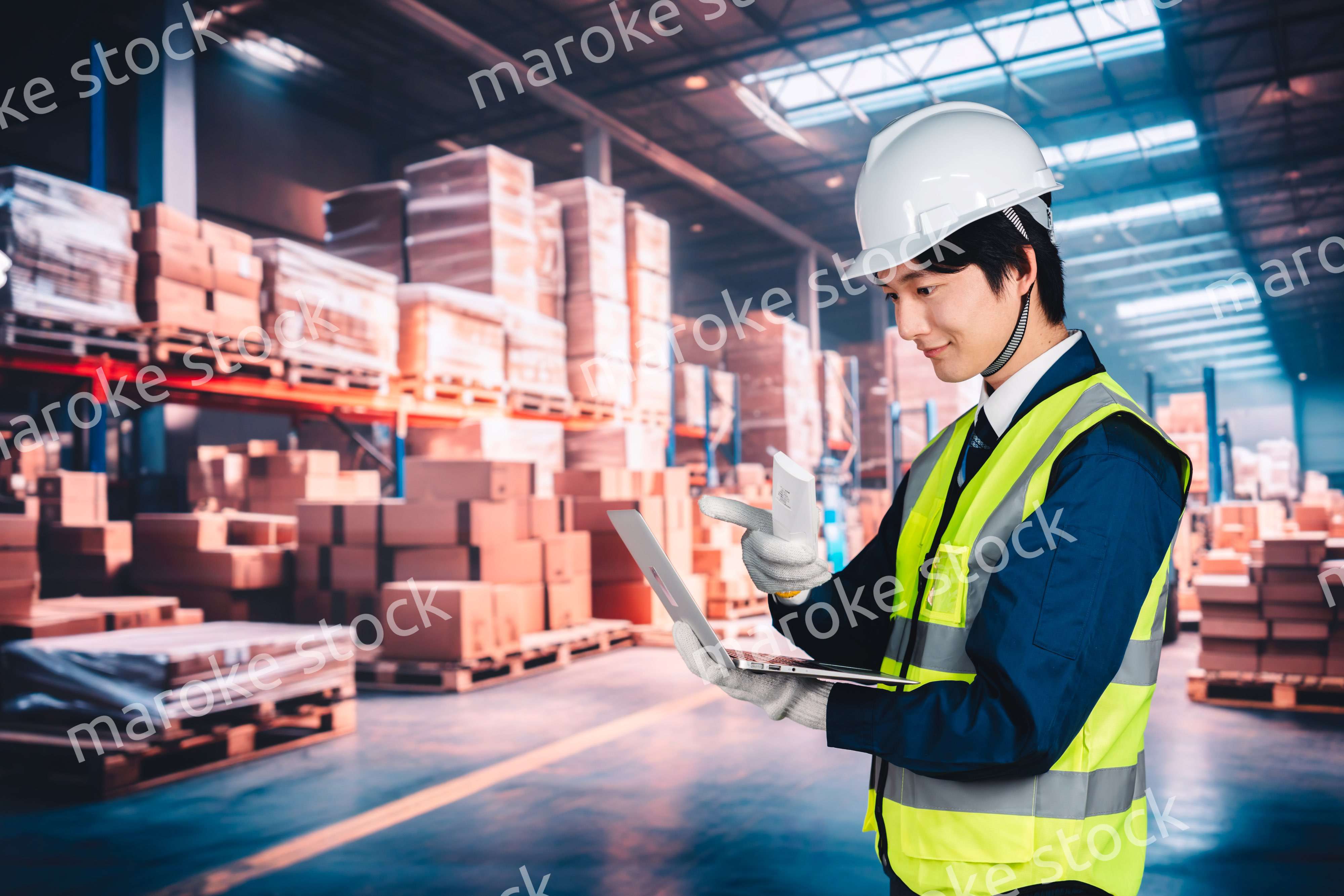 物流倉庫で在庫の管理をする男性作業員