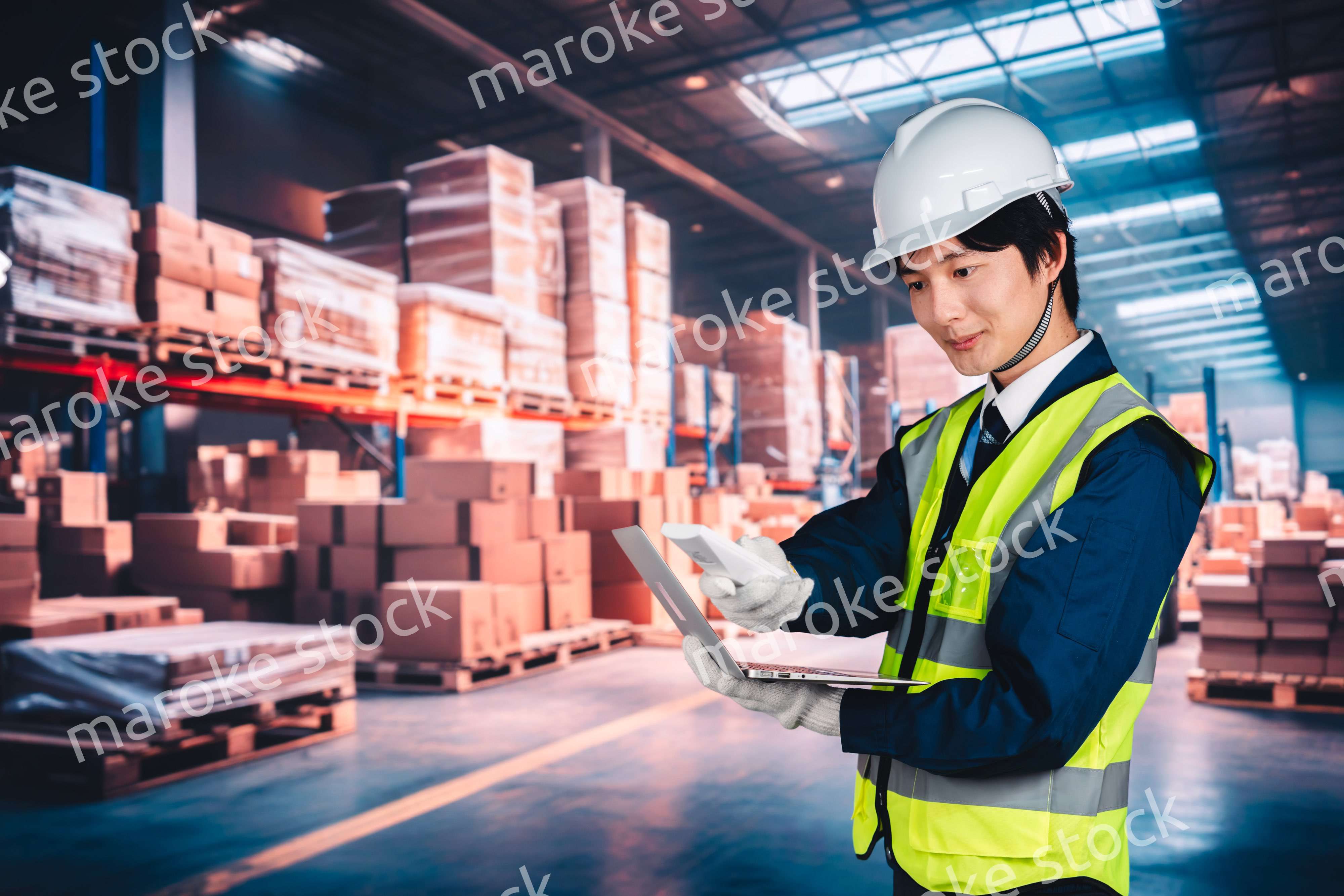 物流倉庫で在庫の管理をする男性作業員