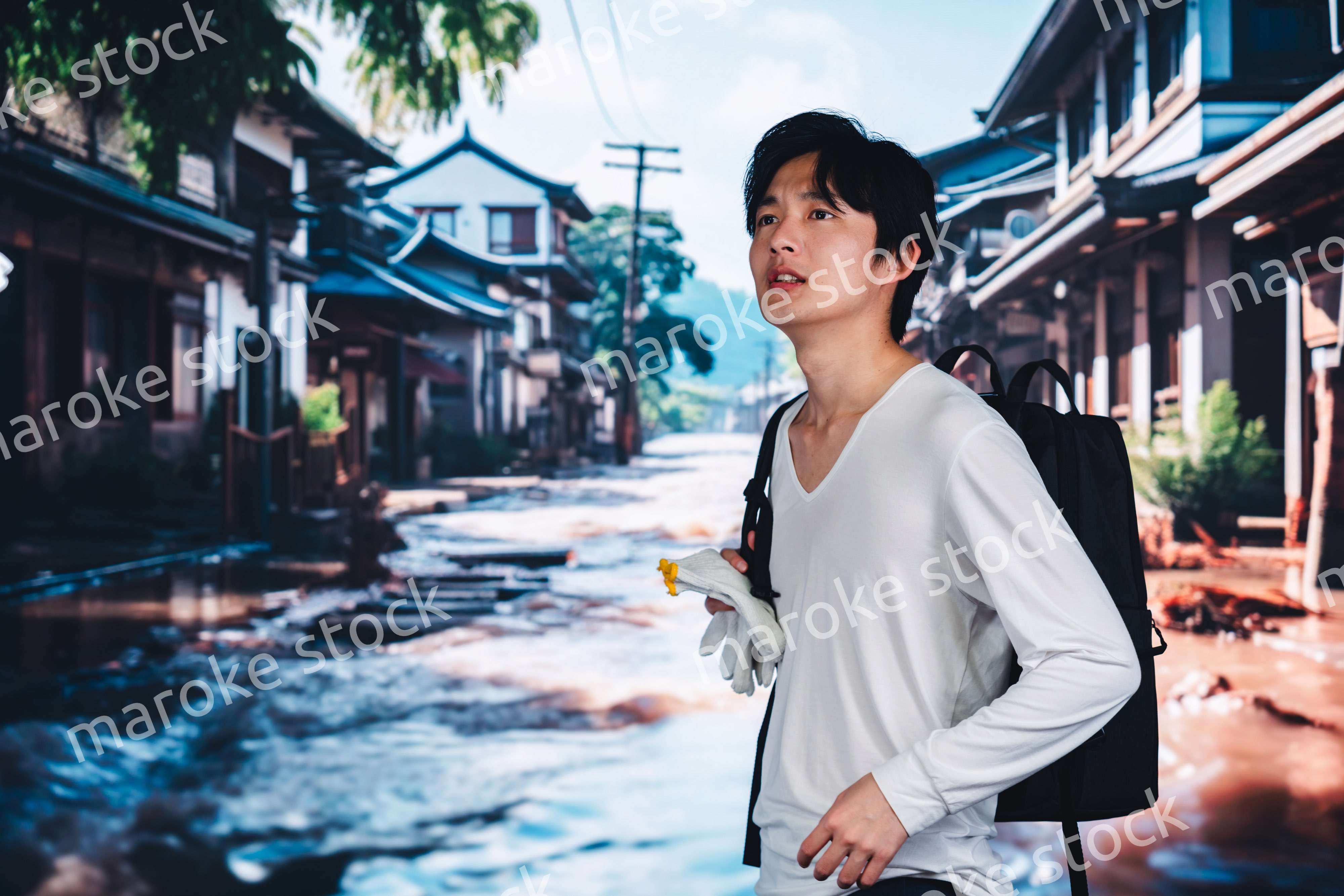 大雨で浸水した街から避難する男性