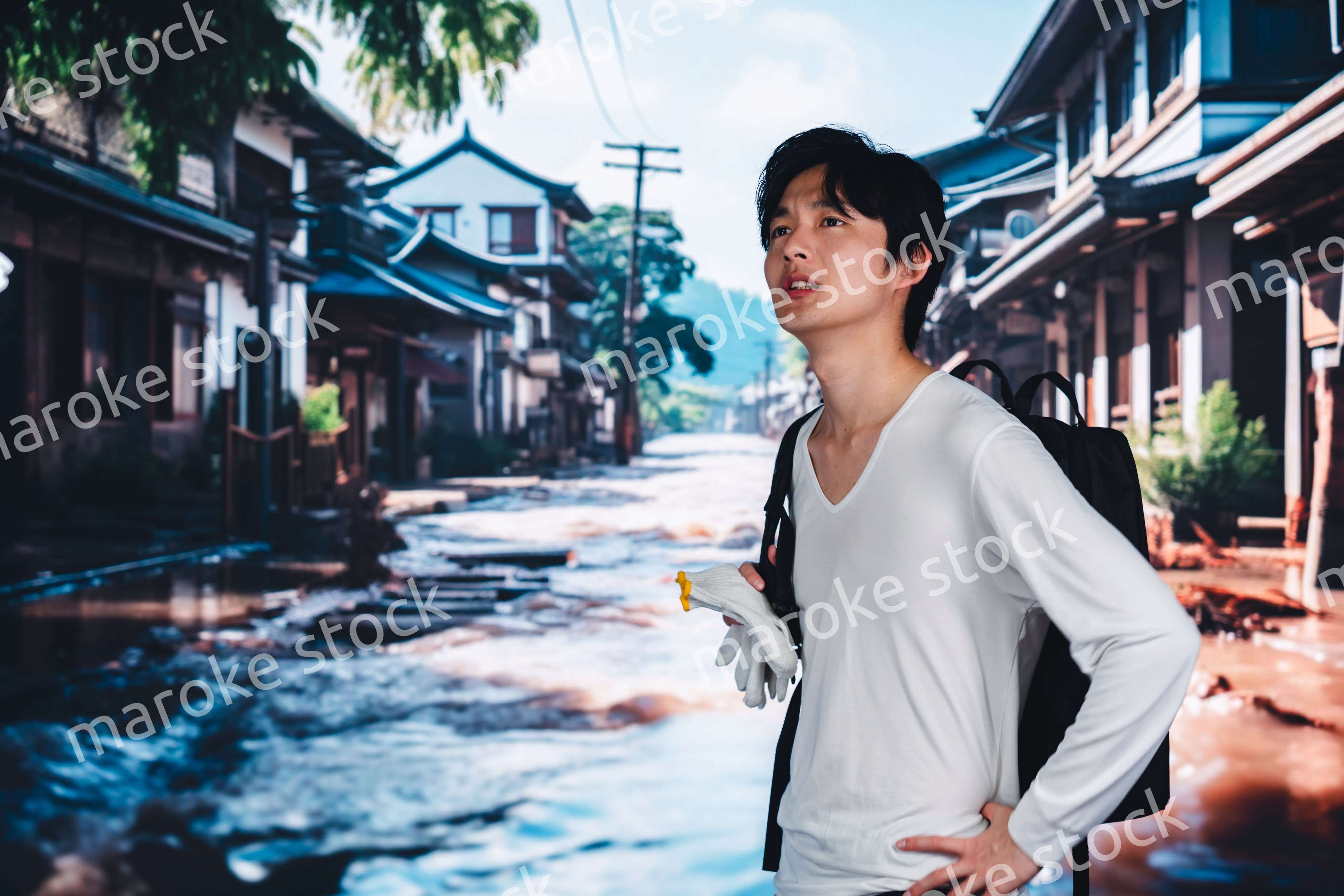 大雨で浸水した街から避難する男性