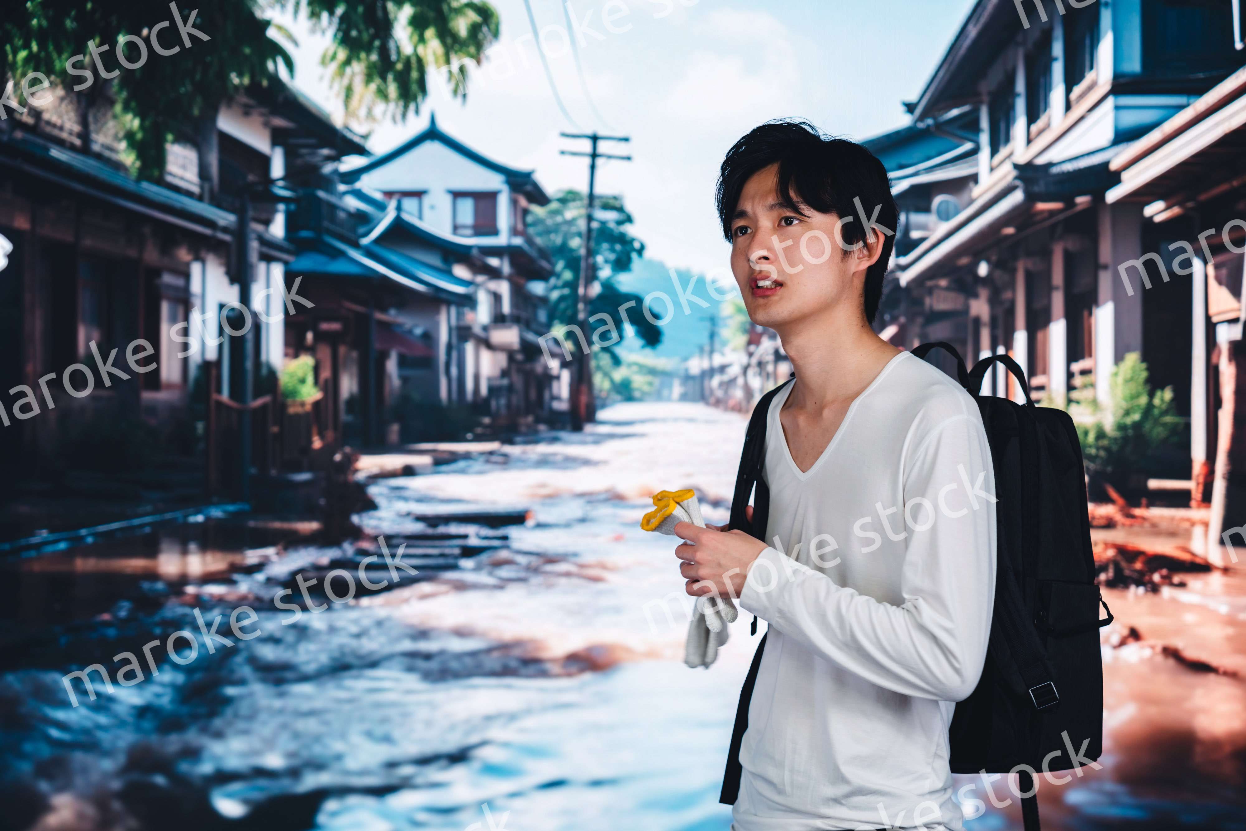 大雨で浸水した街から避難する男性