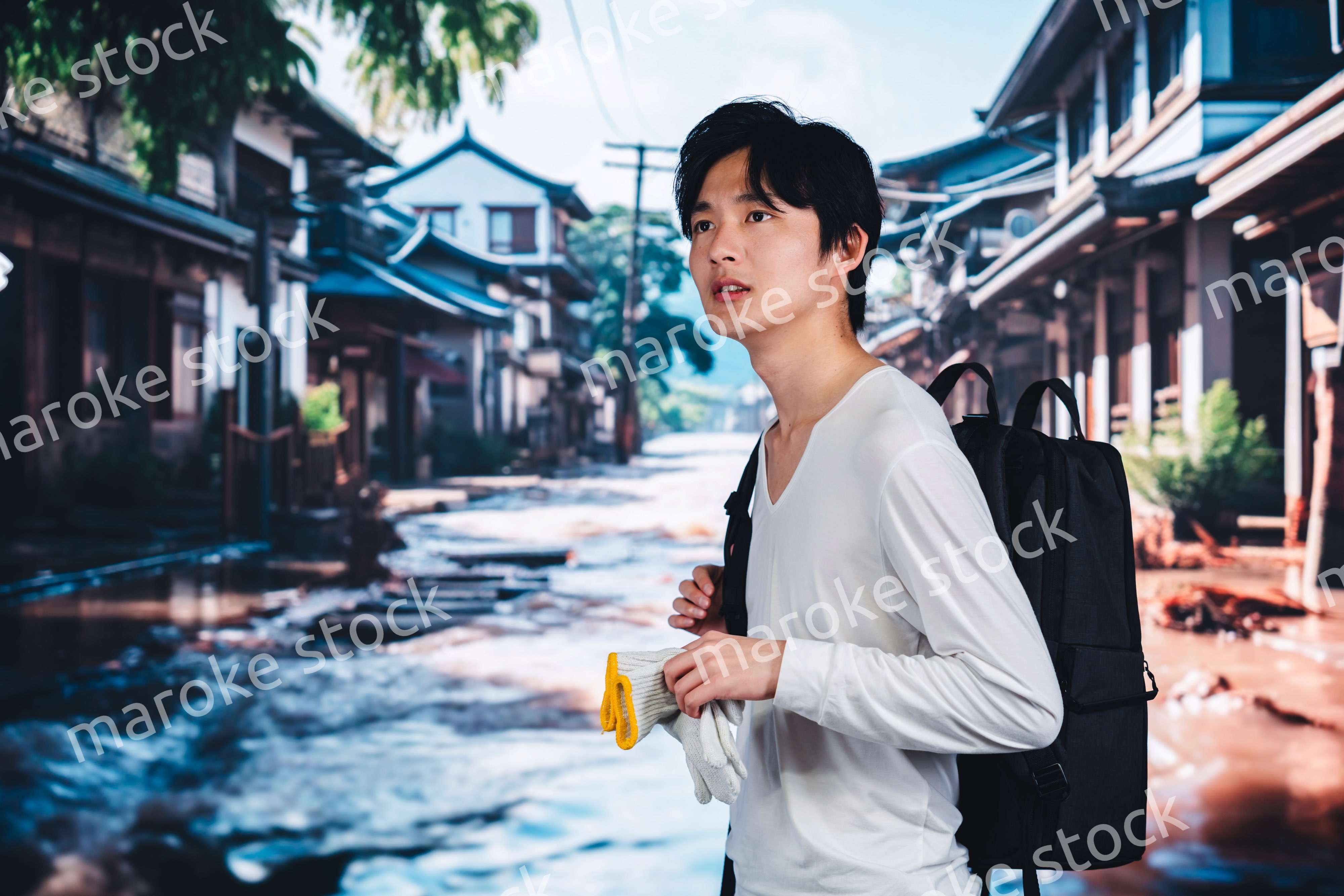 大雨で浸水した街から避難する男性