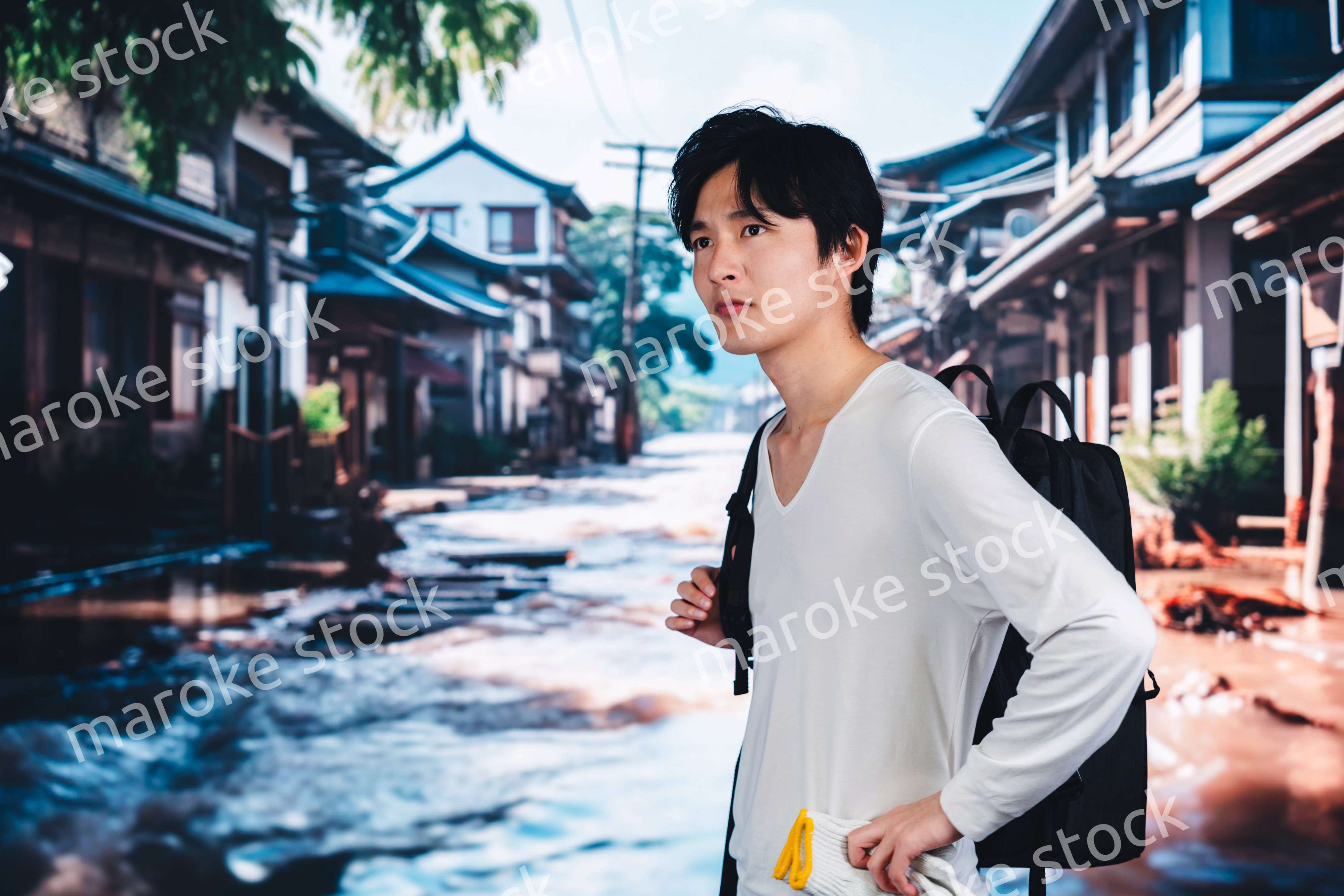 大雨で浸水した街から避難する男性