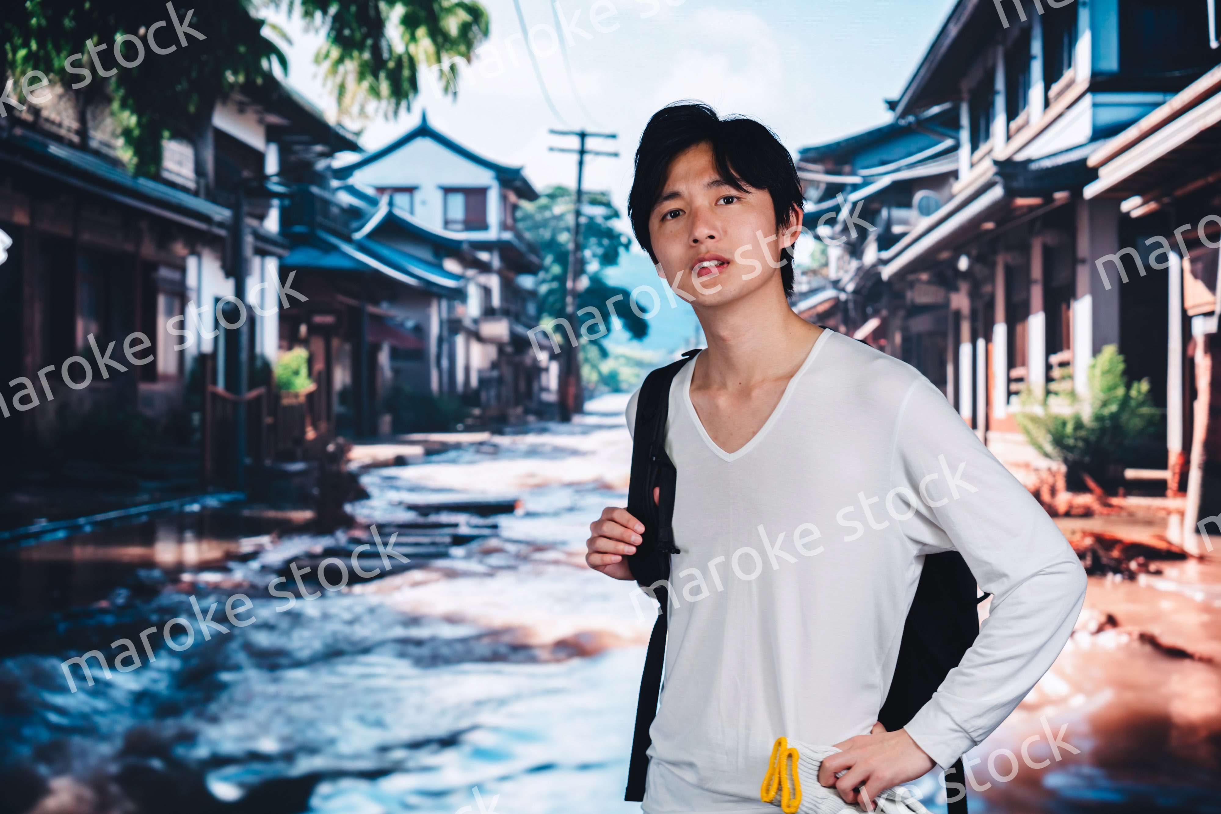 大雨で浸水した街から避難する男性