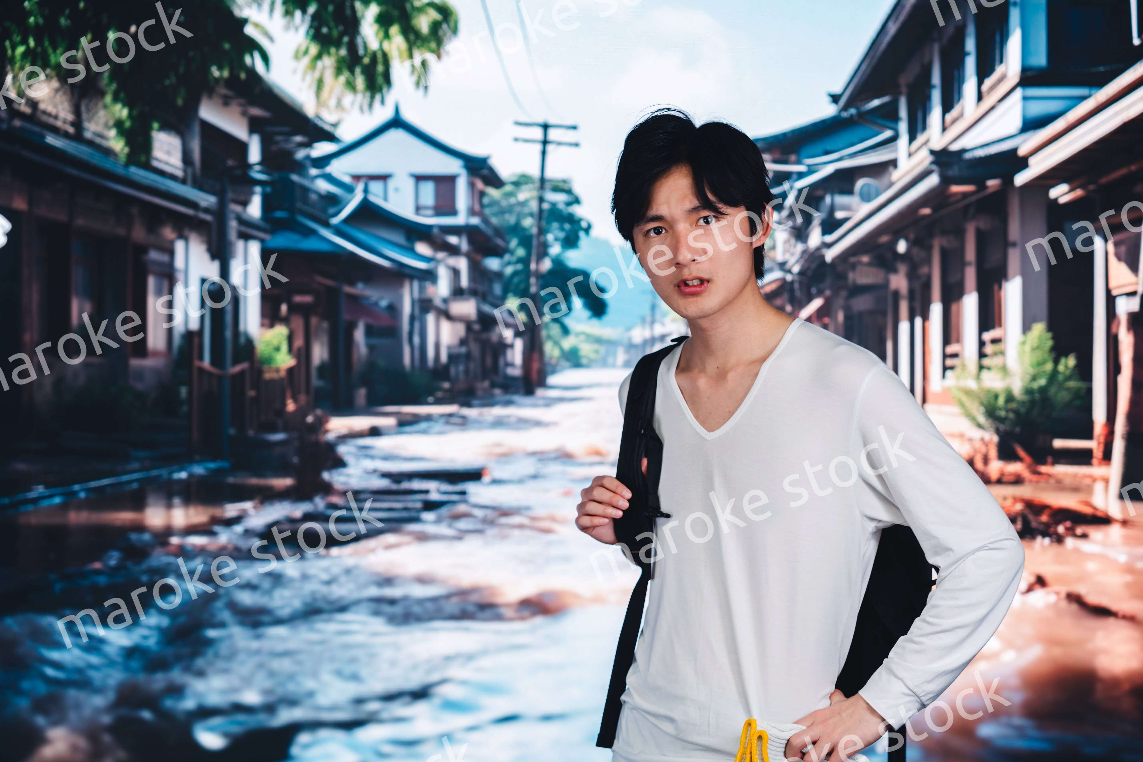 大雨で浸水した街から避難する男性