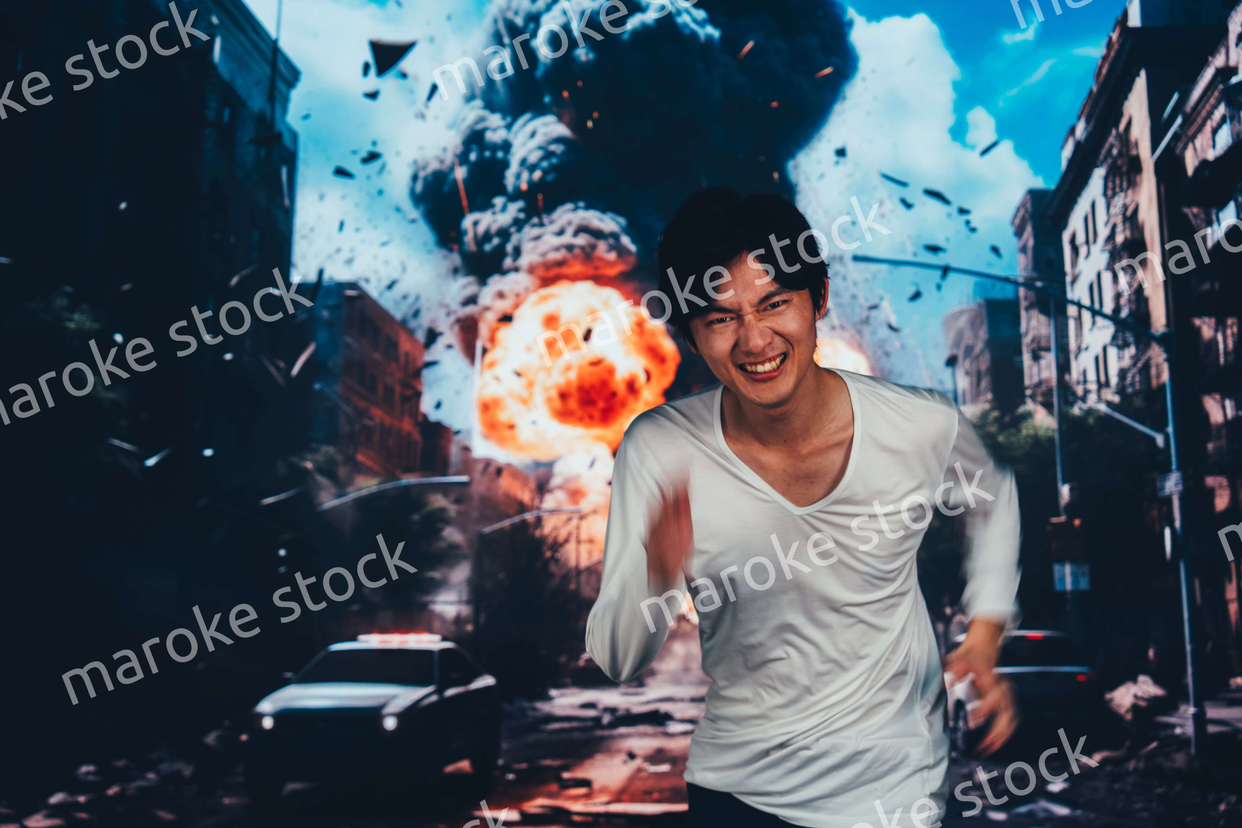 爆弾が落ちてきて避難する男性