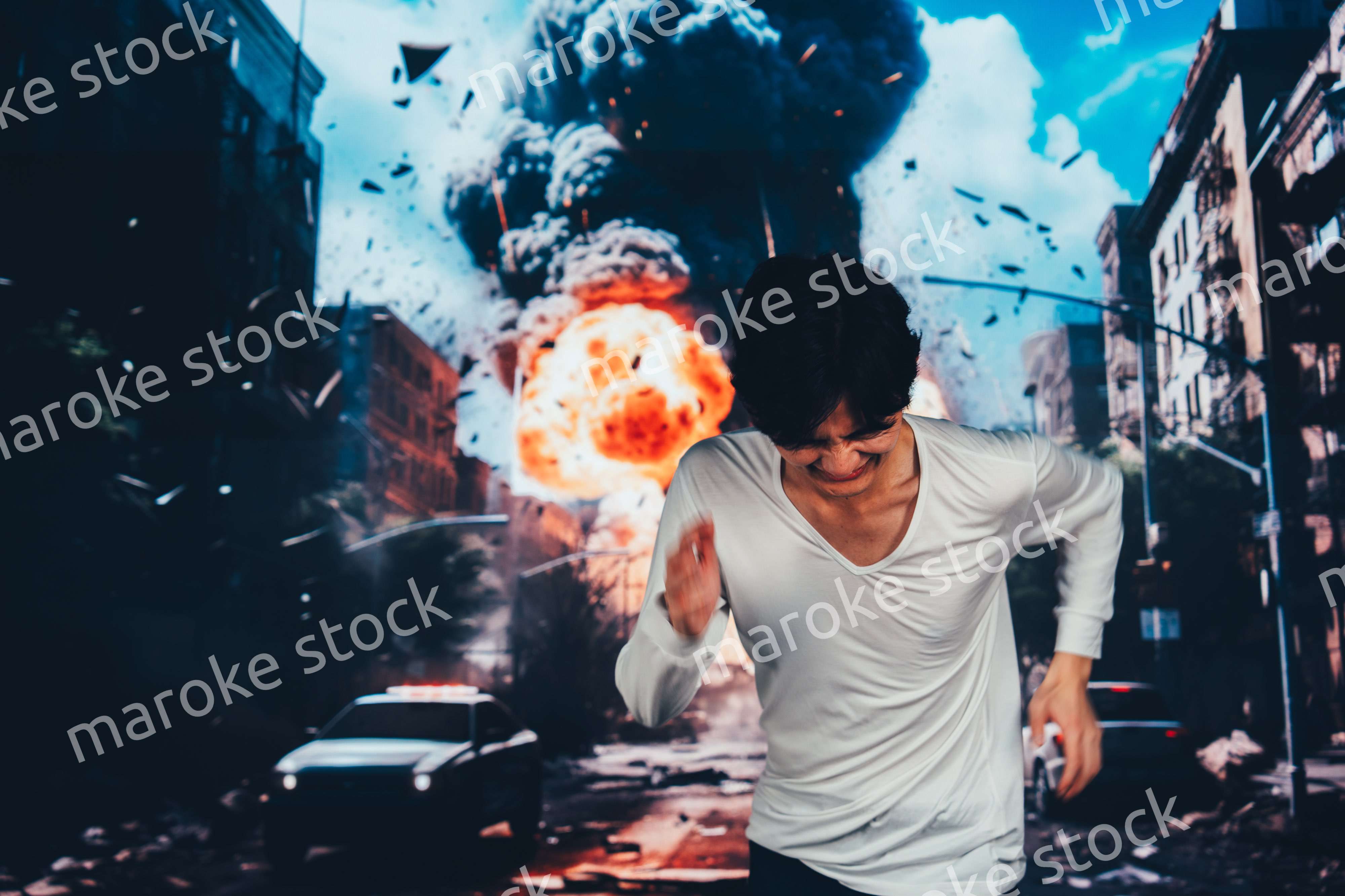 爆弾が落ちてきて避難する男性