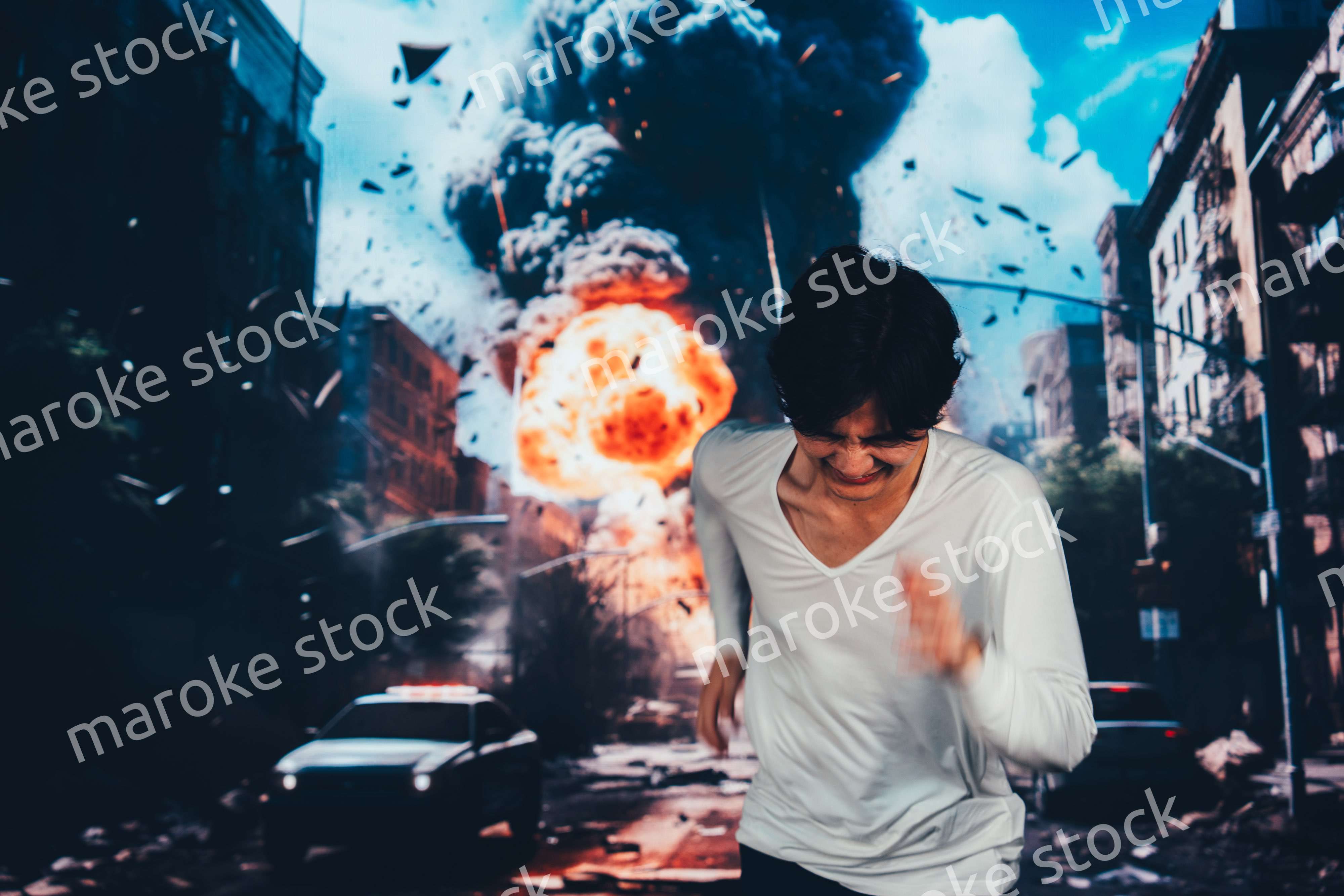 爆弾が落ちてきて避難する男性