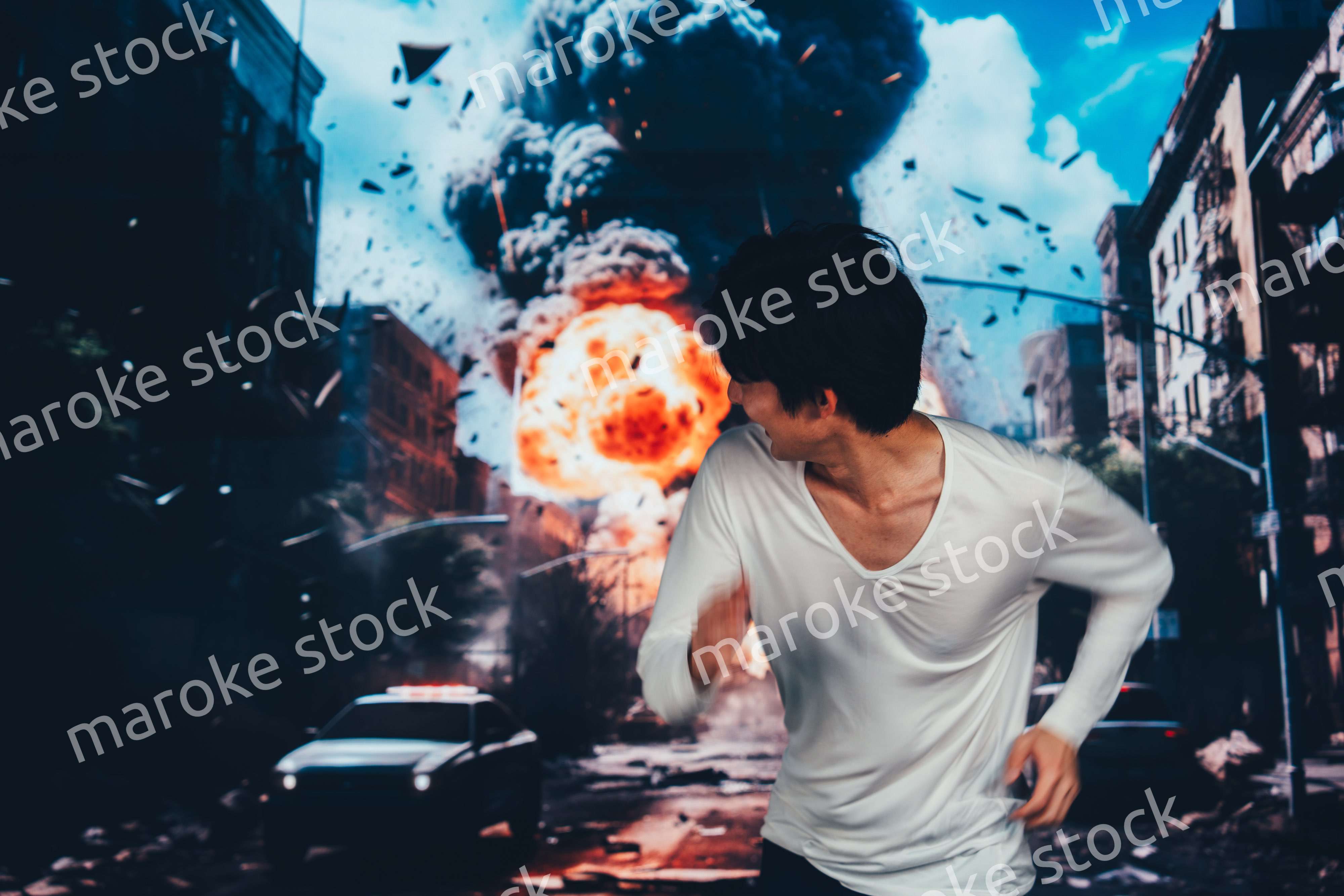 爆弾が落ちてきて避難する男性