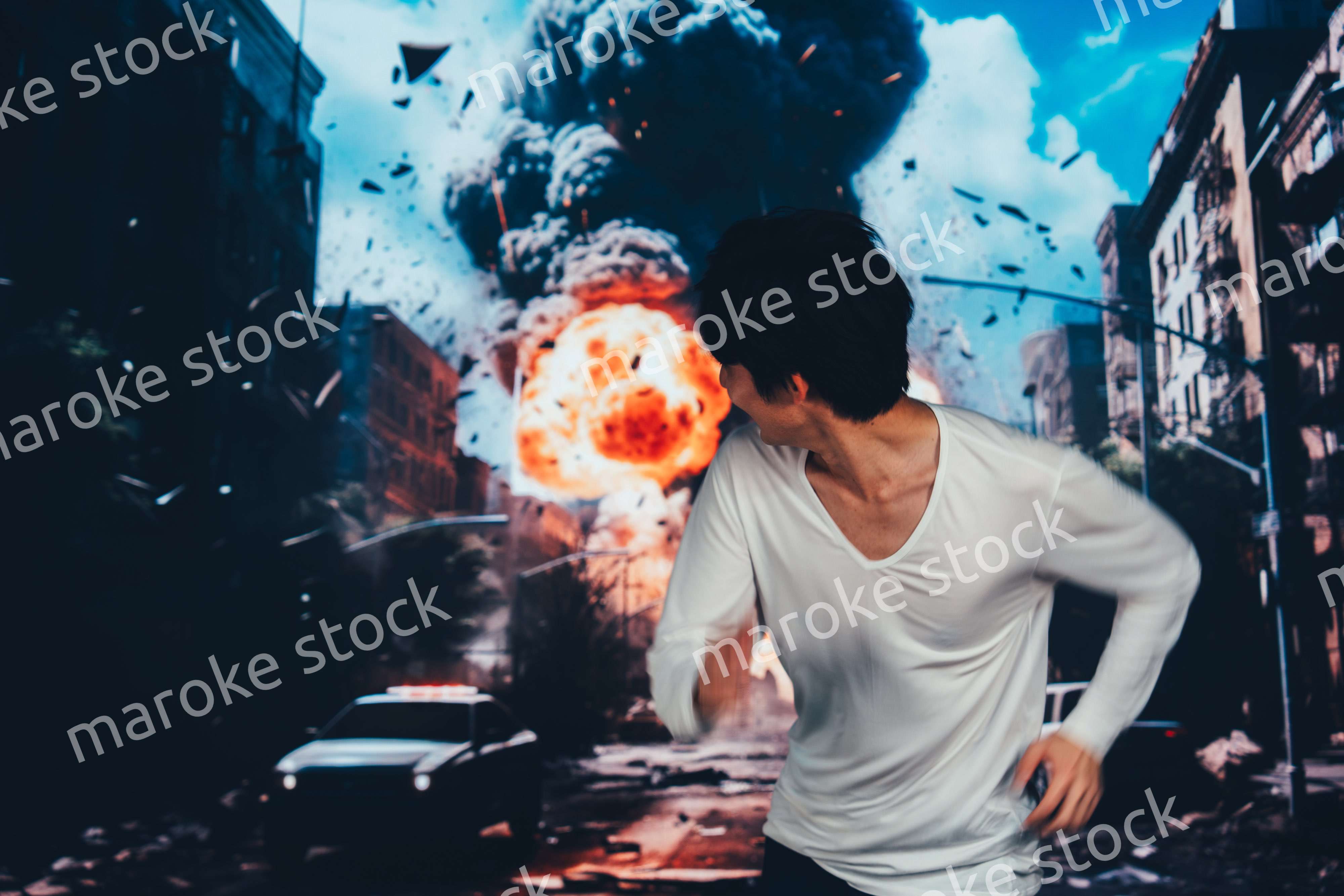 爆弾が落ちてきて避難する男性