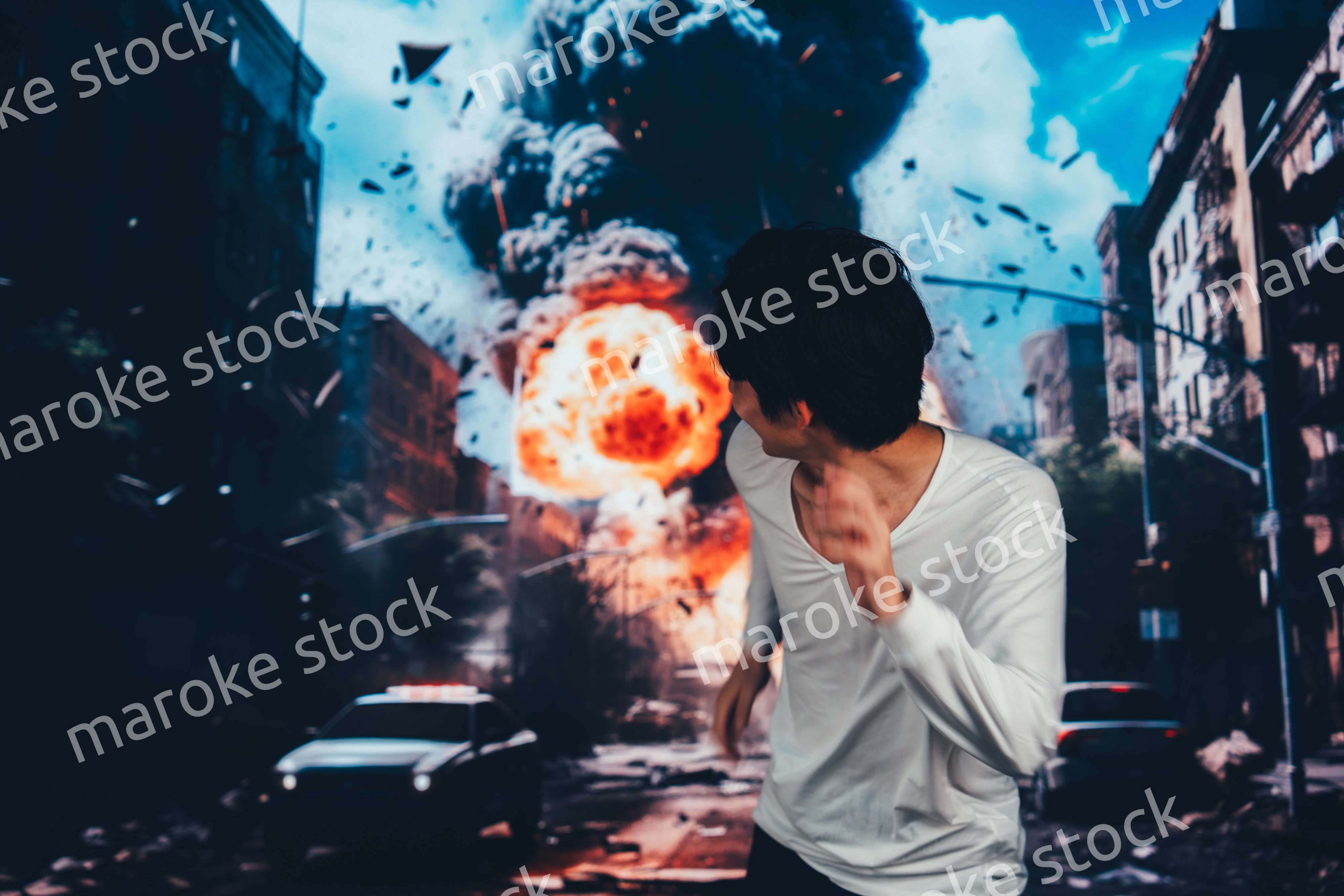 爆弾が落ちてきて避難する男性