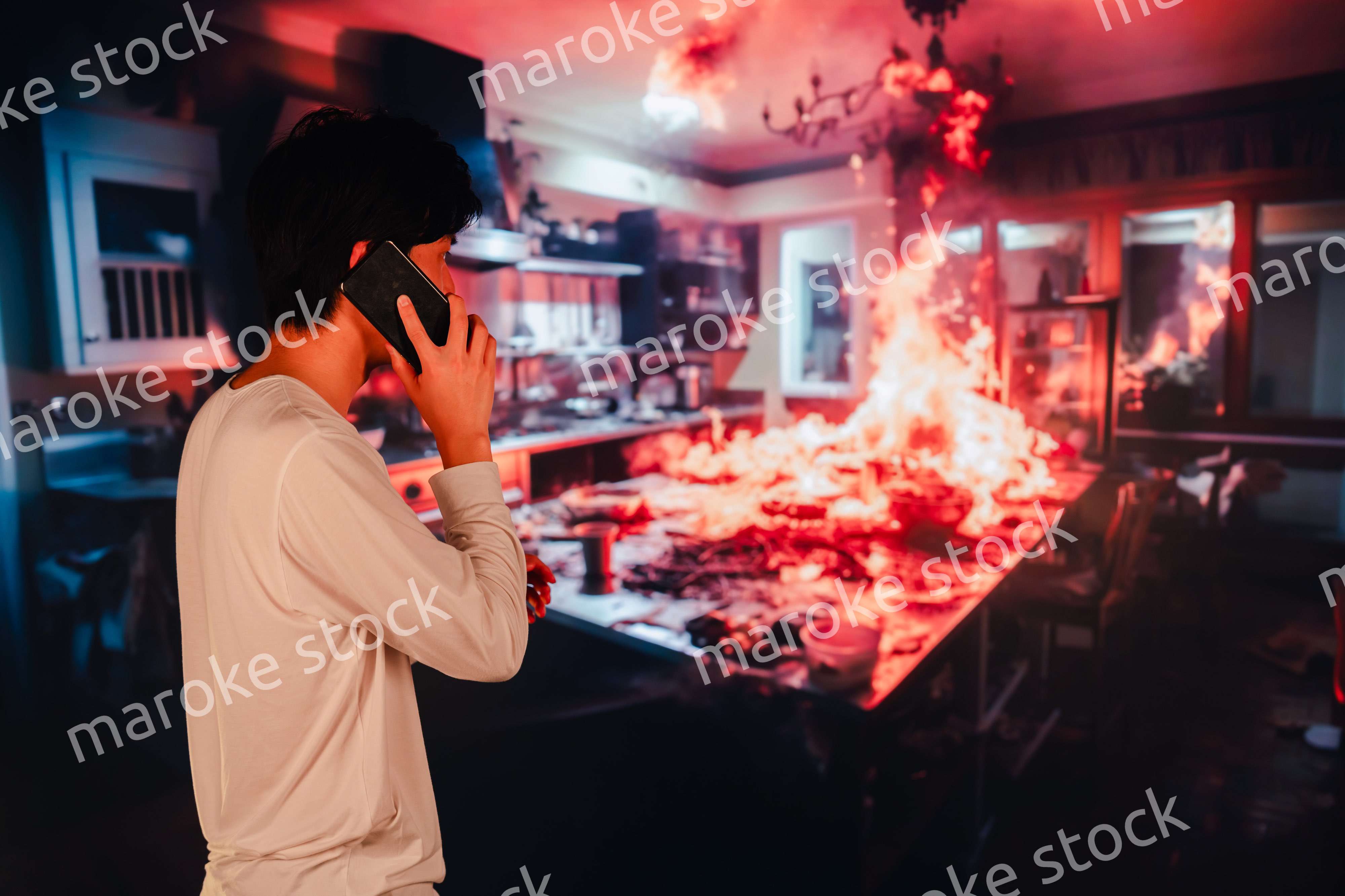 火事現場から消防に通報をする若い男性