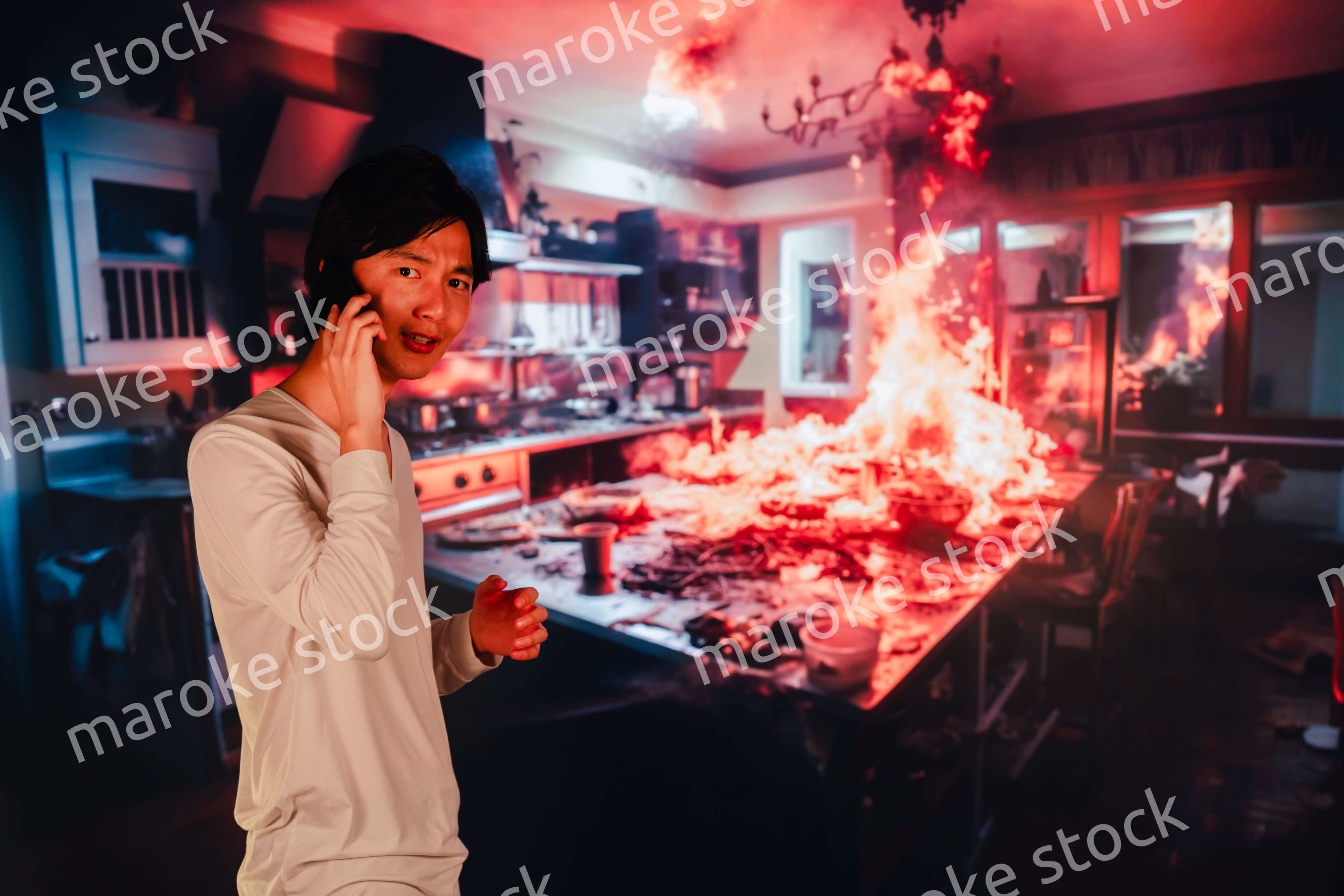 火事現場から消防に通報をする若い男性