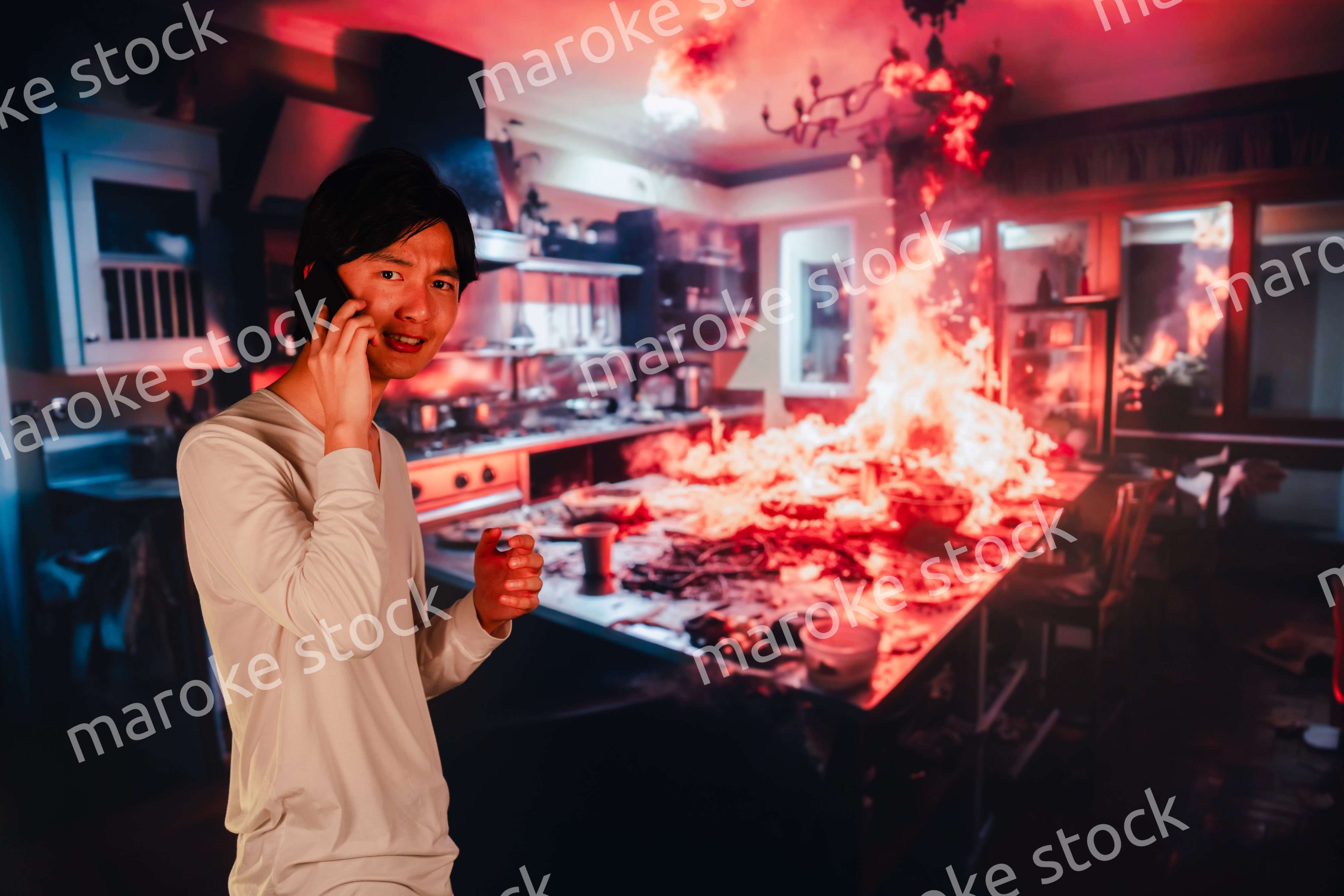 火事現場から消防に通報をする若い男性