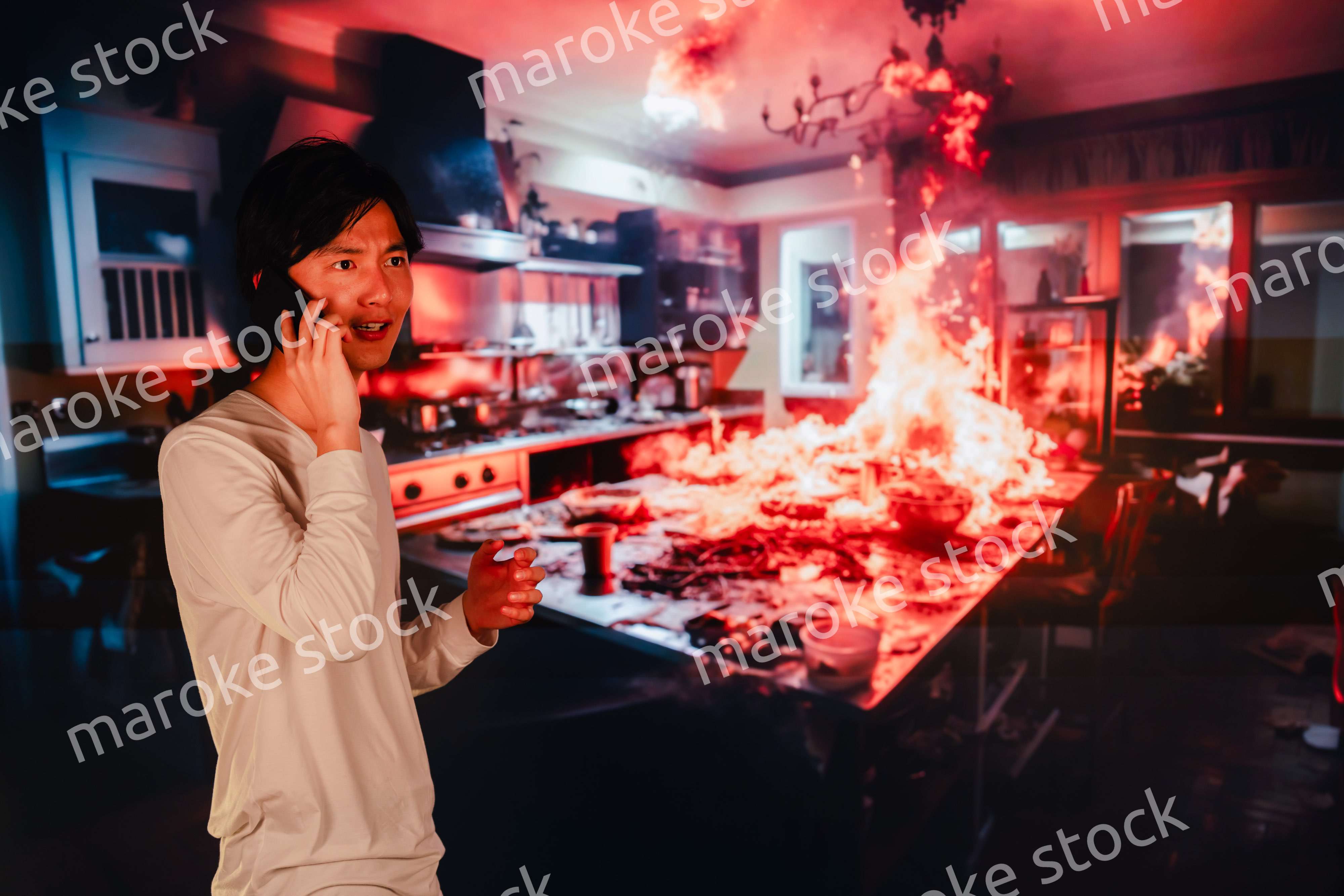 火事現場から消防に通報をする若い男性