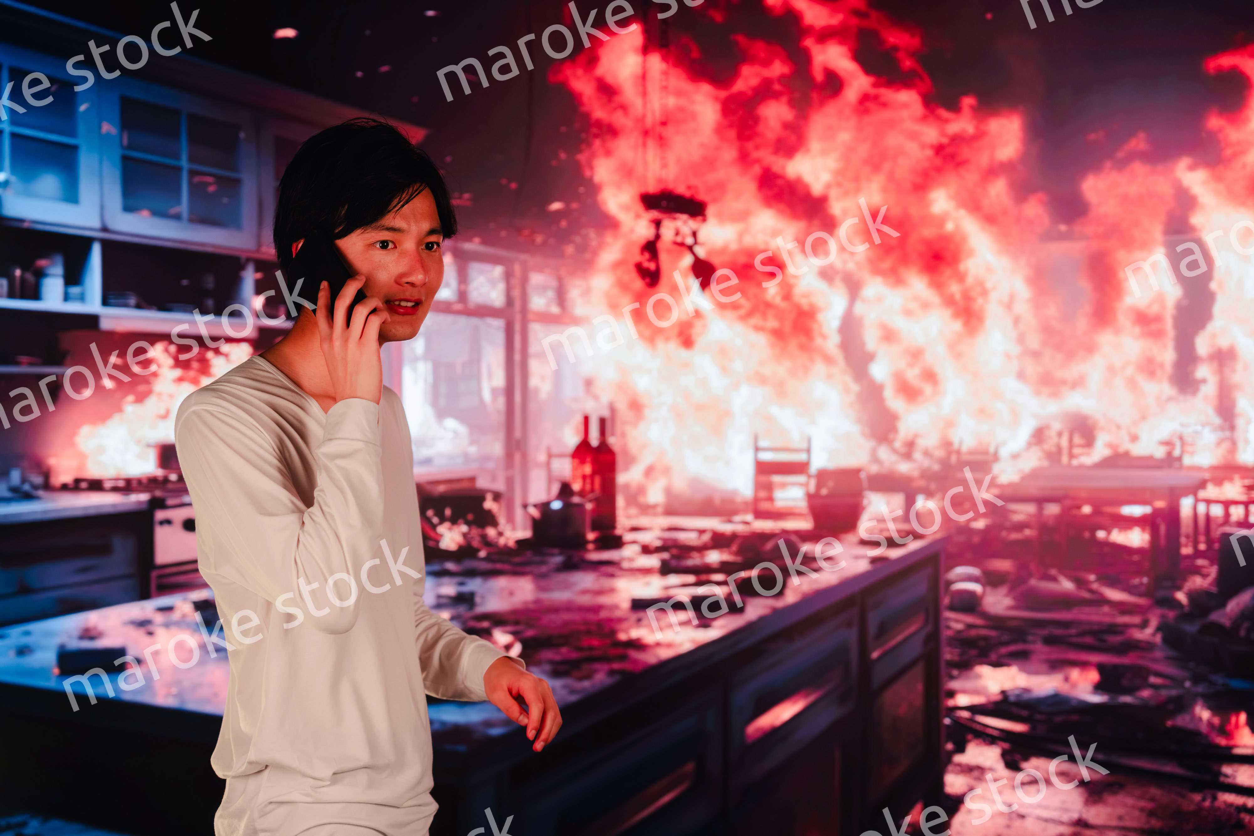 火事現場から消防に通報をする若い男性