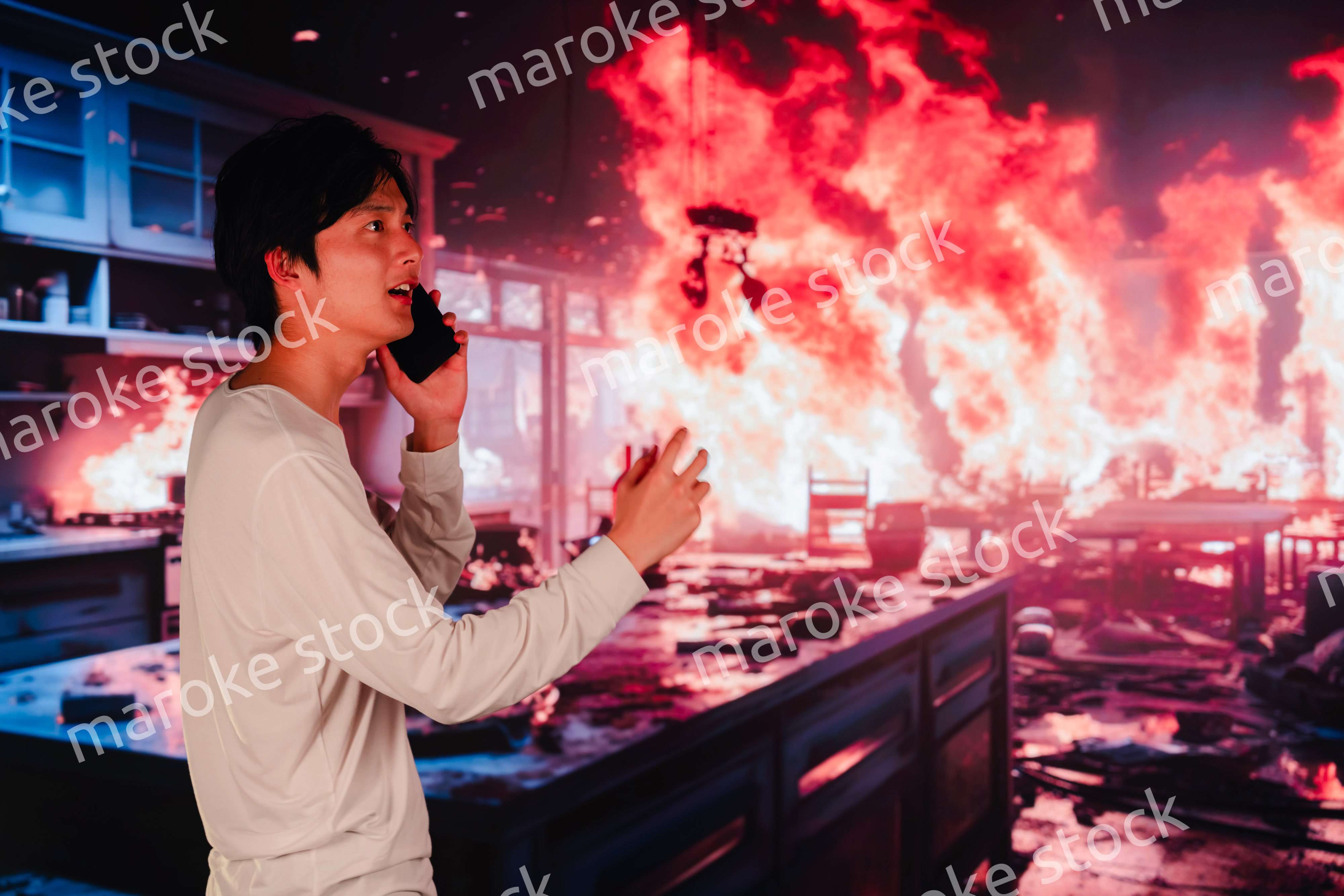 火事現場から消防に通報をする若い男性