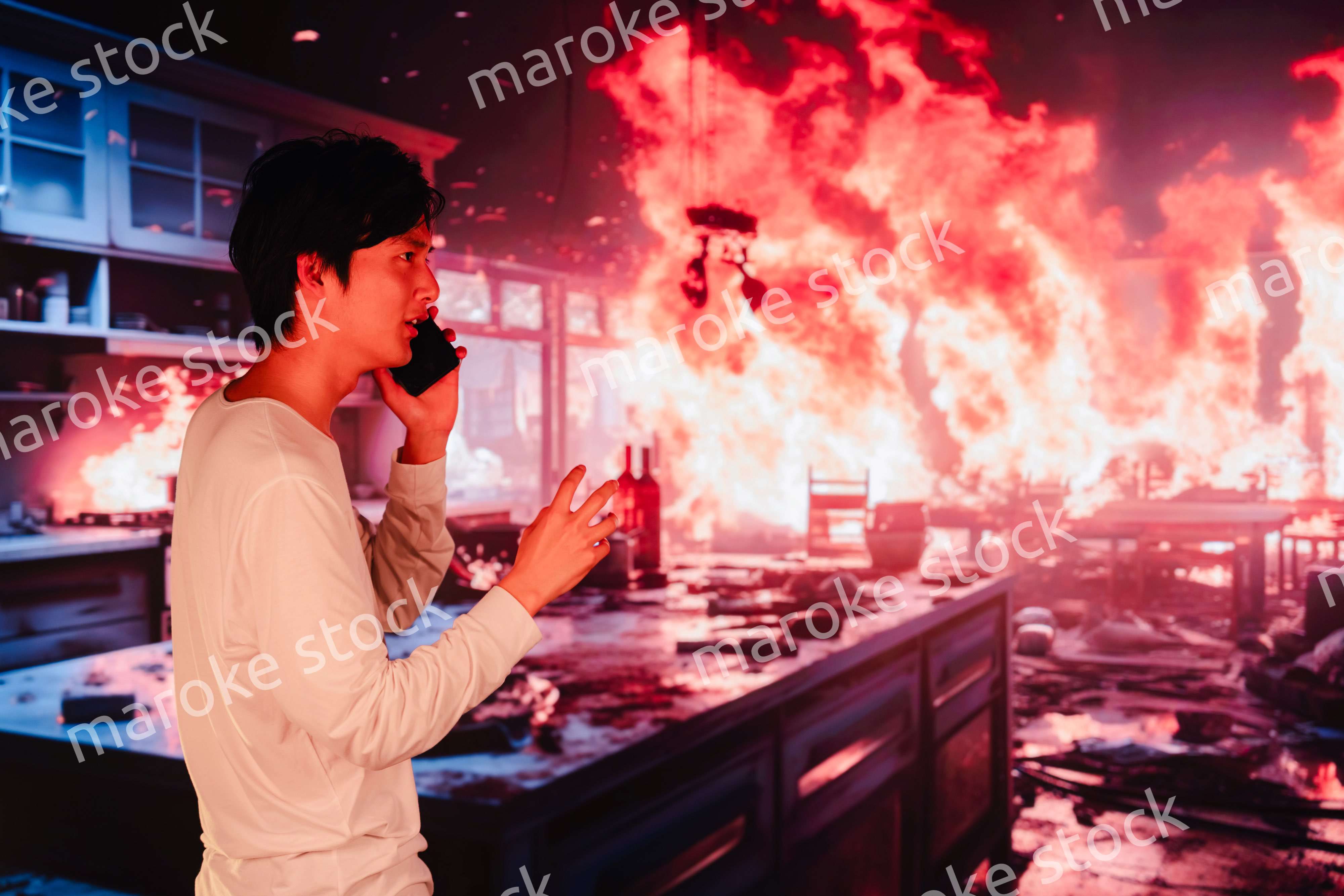 火事現場から消防に通報をする若い男性