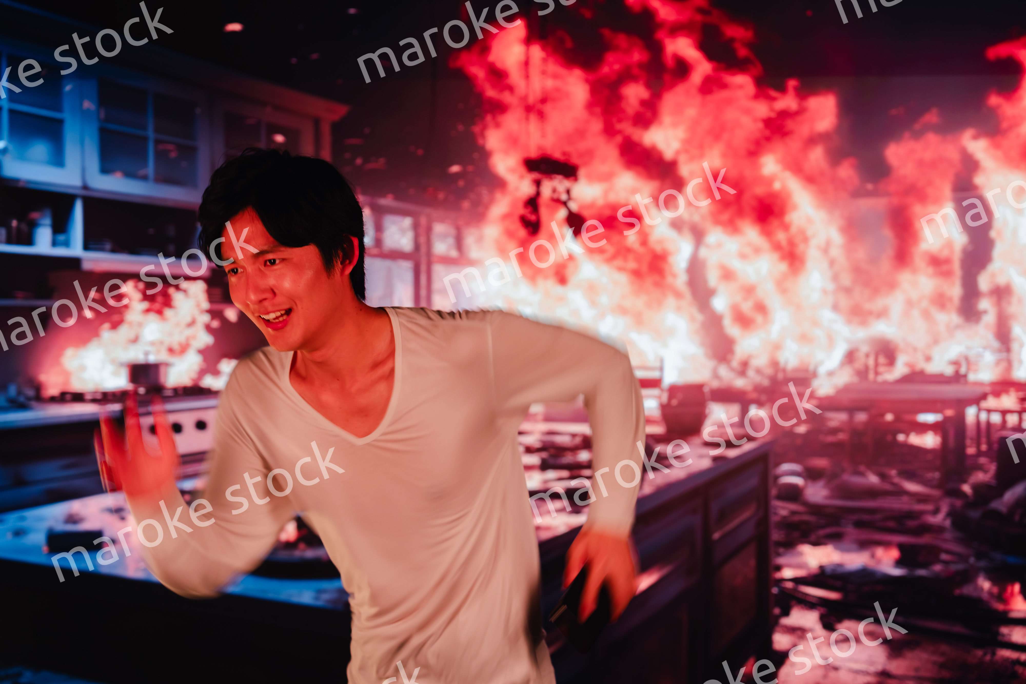 火災現場から走って逃げる若い男性