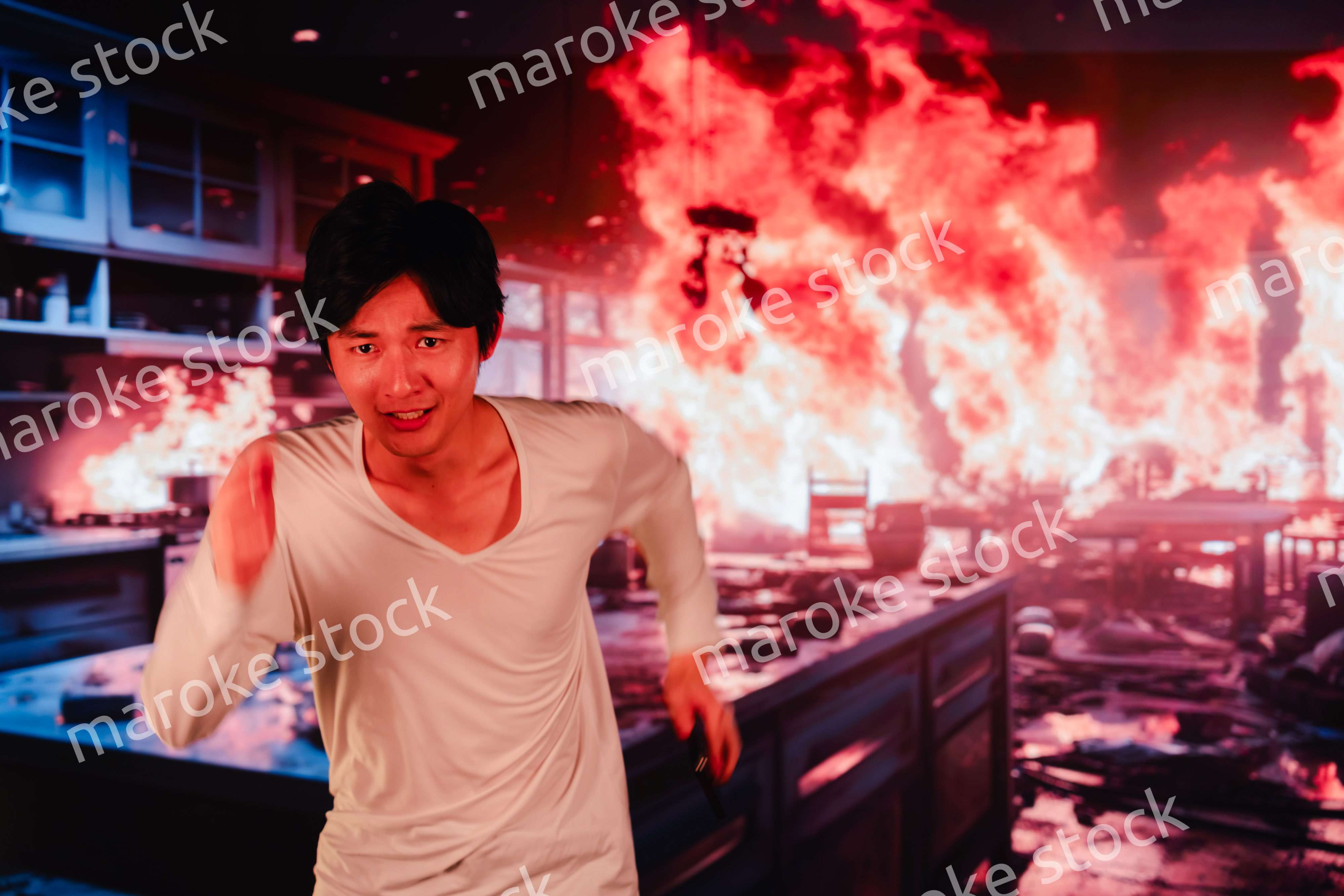 火災現場から走って逃げる若い男性