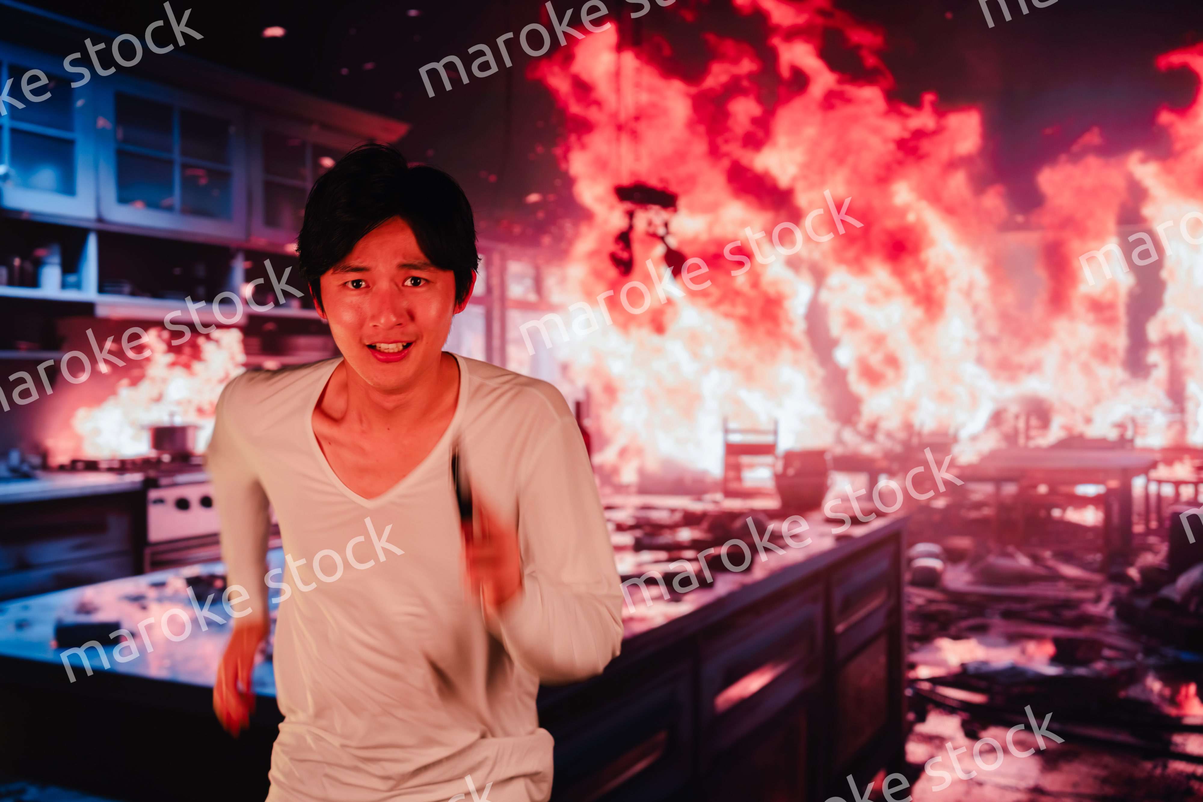 火災現場から走って逃げる若い男性