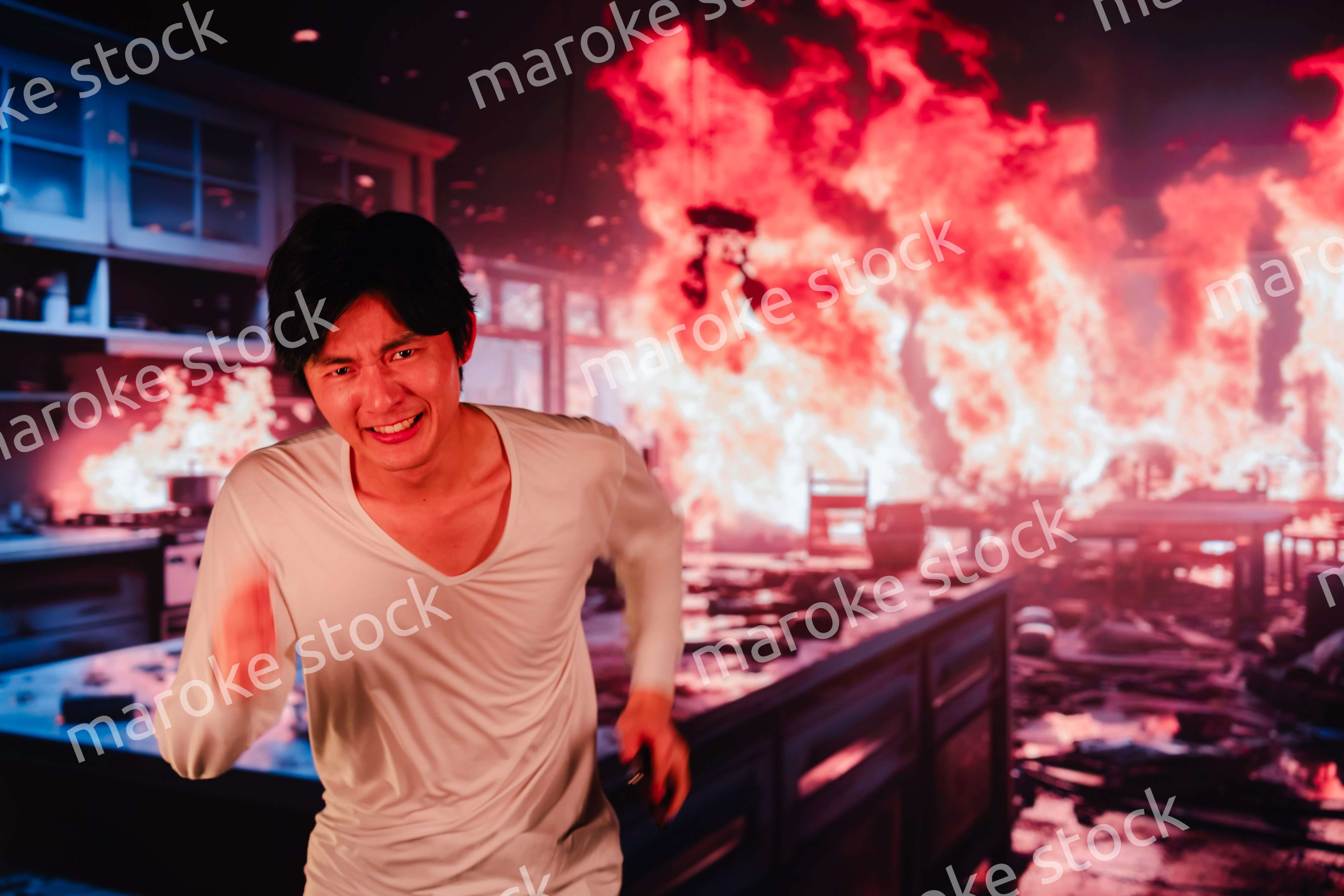 火災現場から走って逃げる若い男性