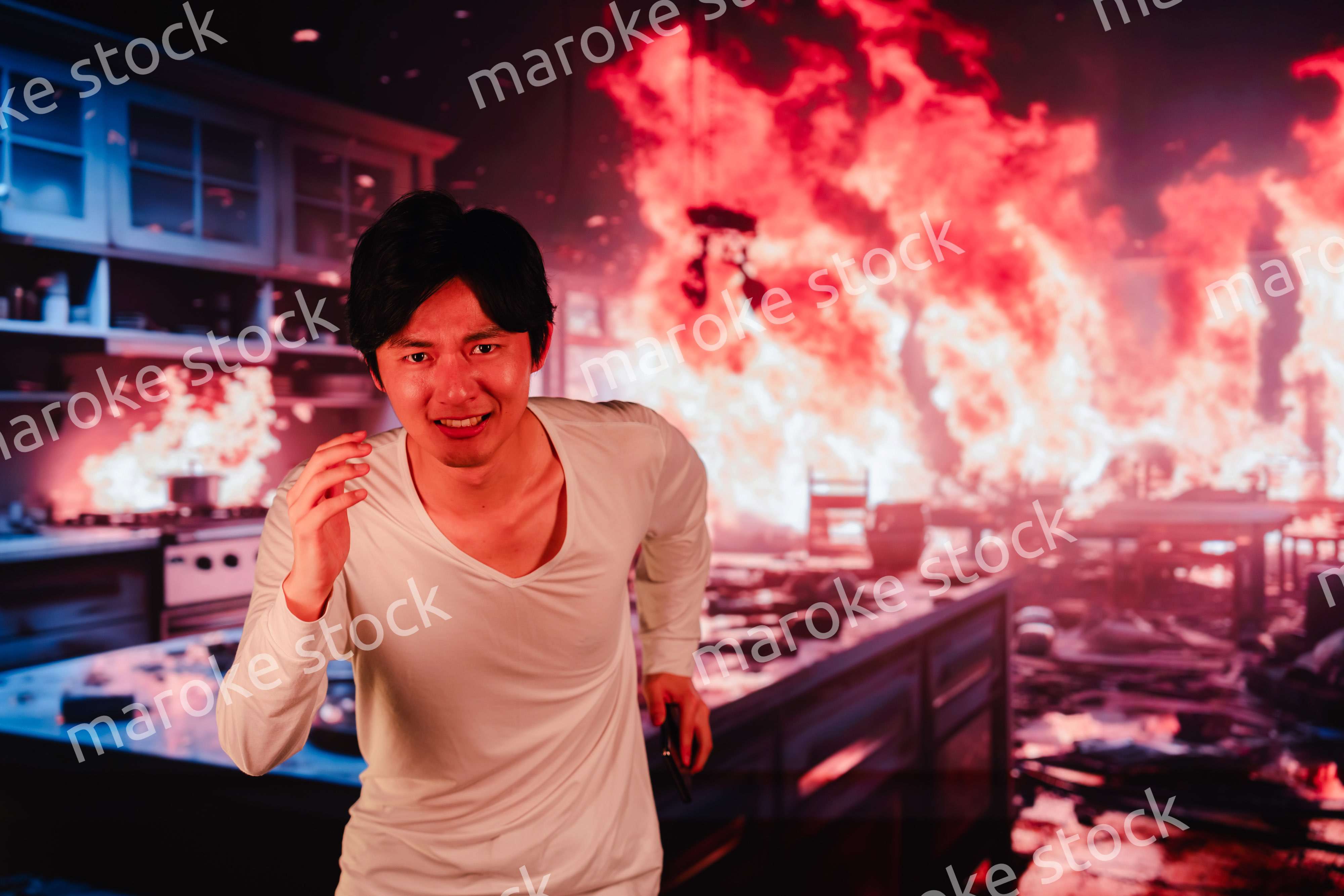 火災現場から走って逃げる若い男性