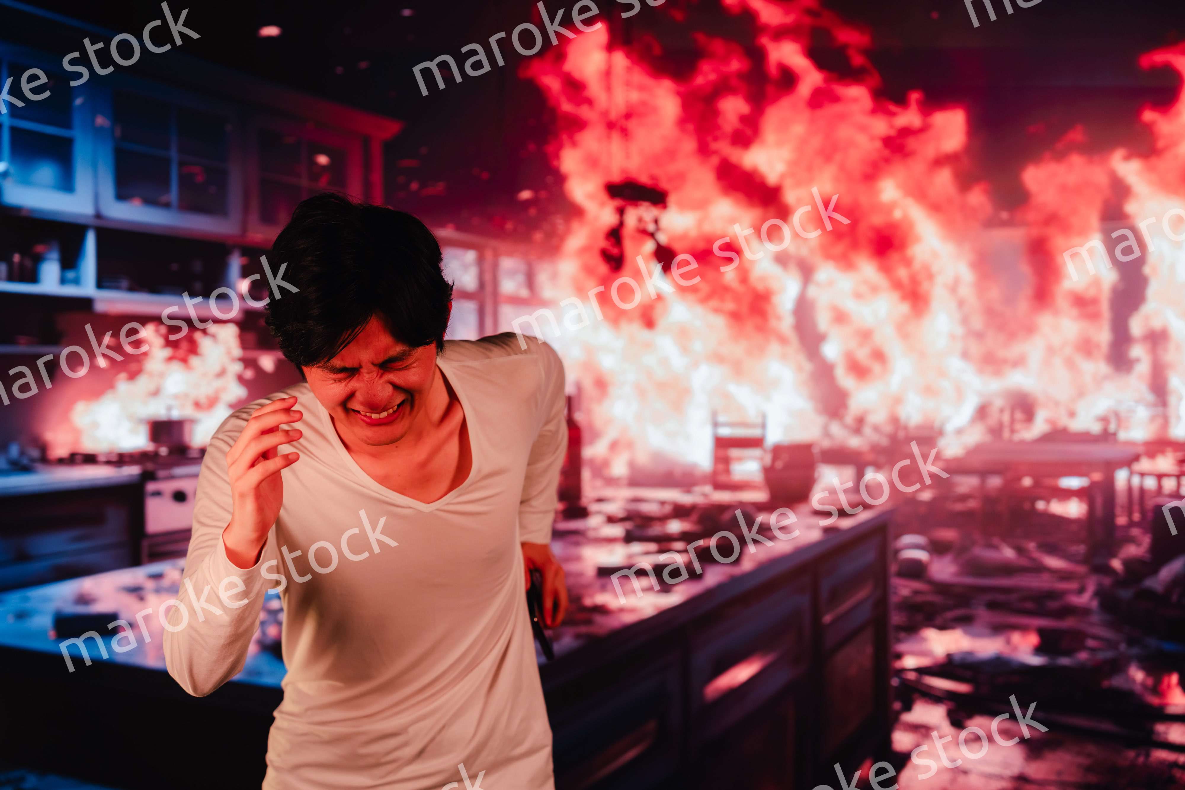 火災現場から走って逃げる若い男性