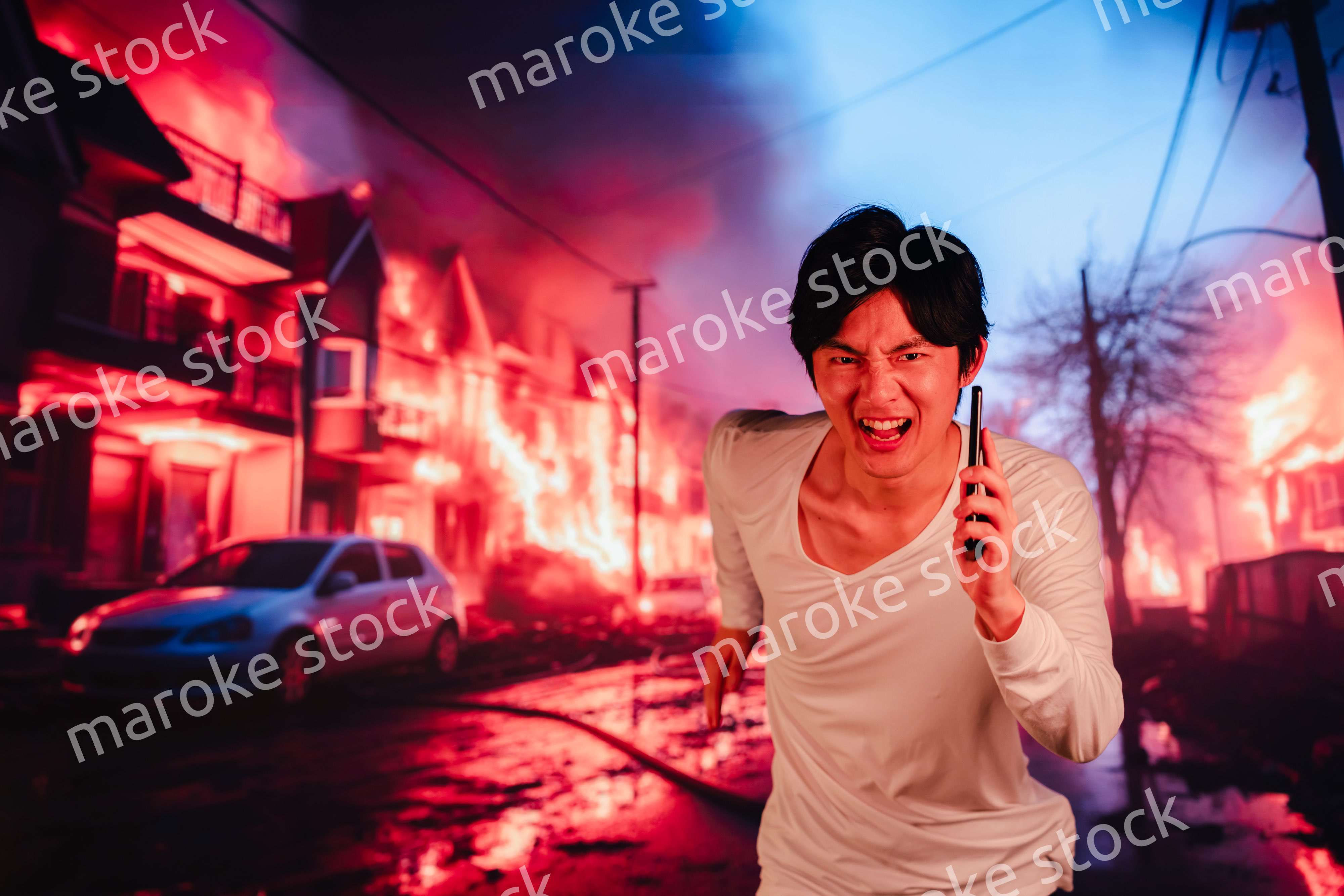 火災現場から走って逃げる若い男性