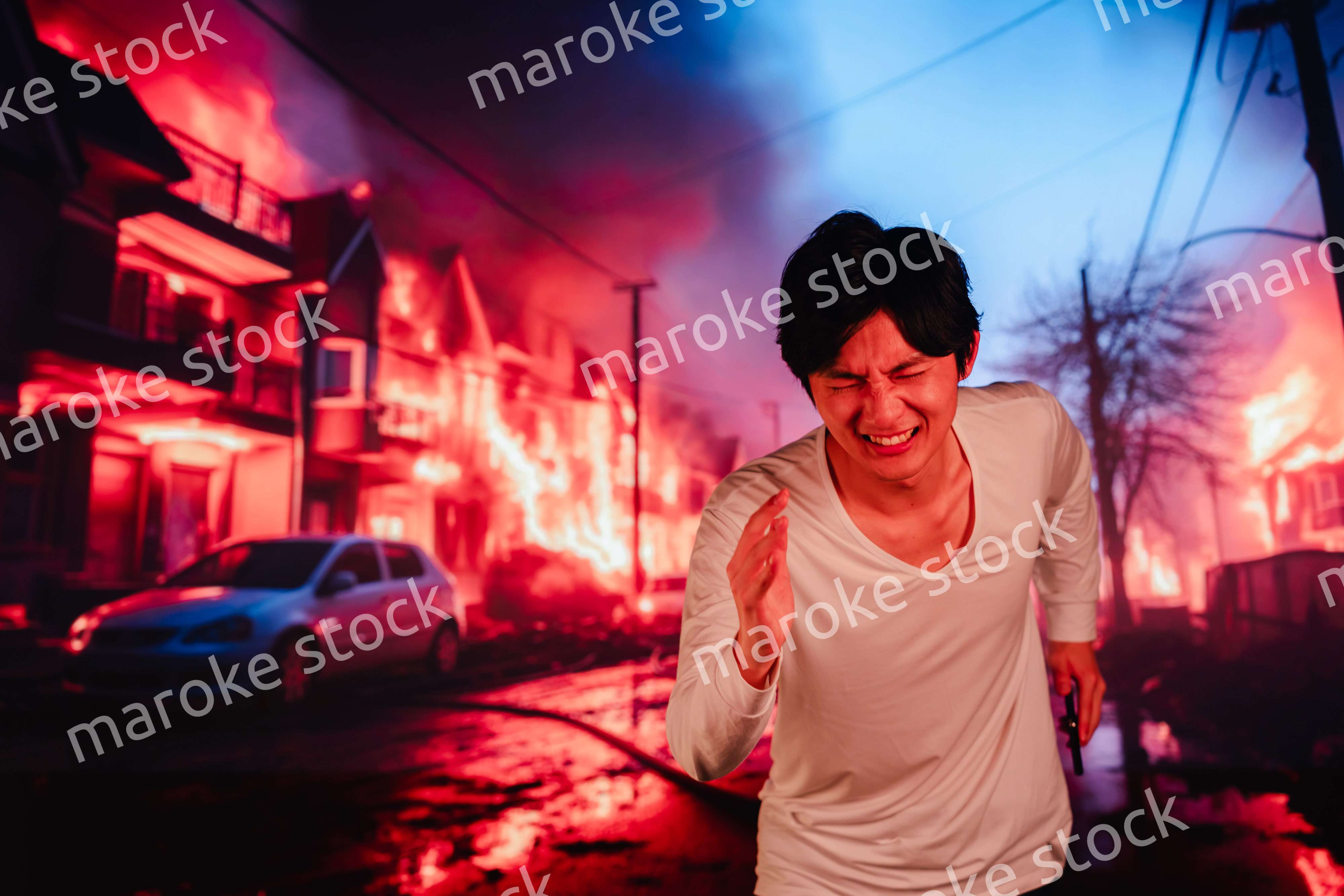 火災現場から走って逃げる若い男性