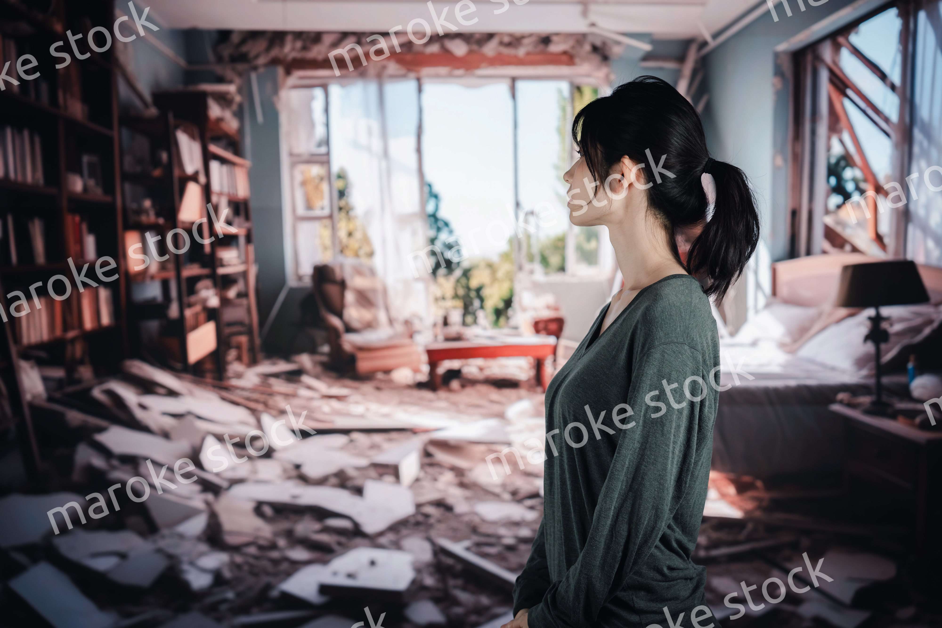 地震で家が倒壊して途方に暮れる女性