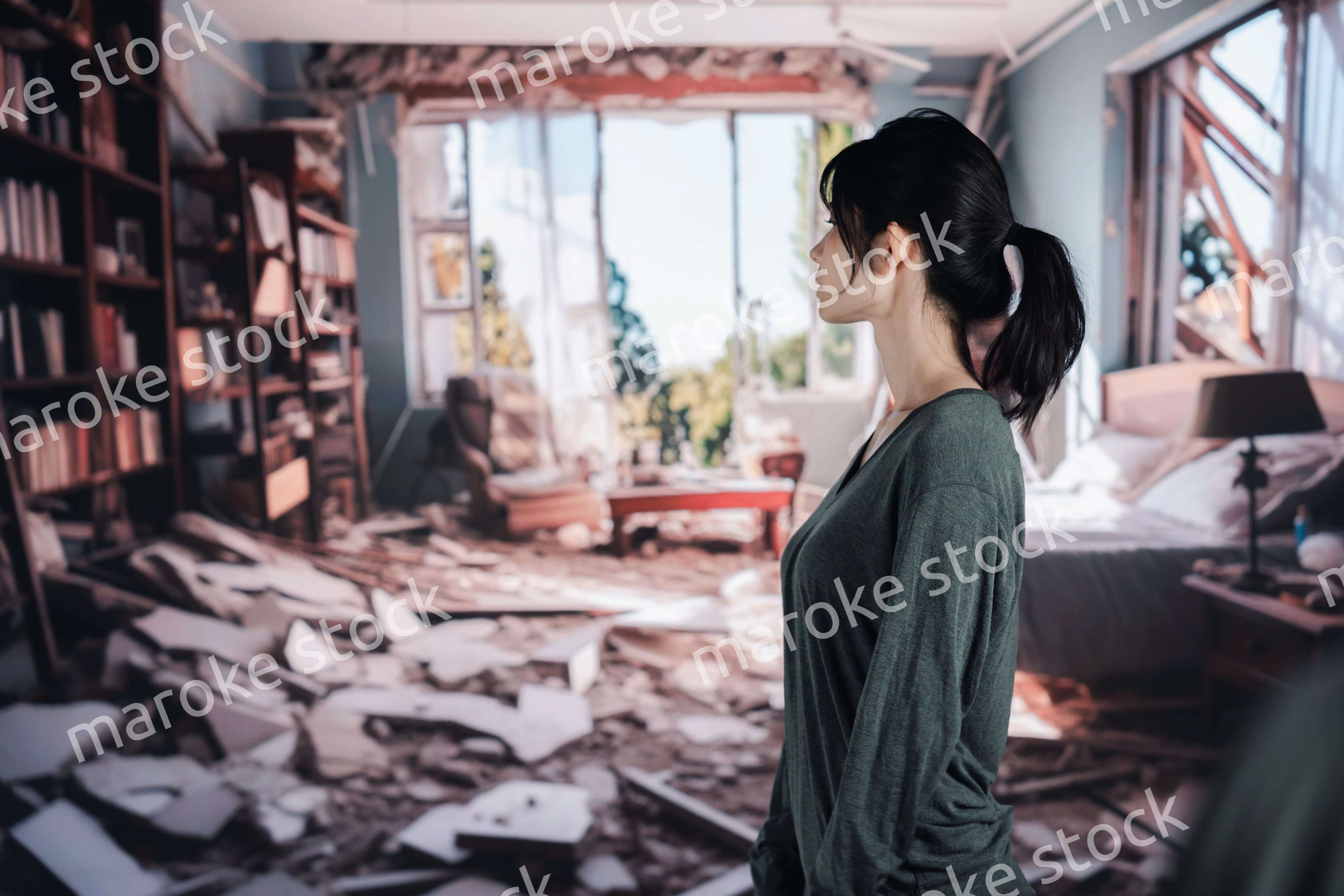 地震で家が倒壊して途方に暮れる女性