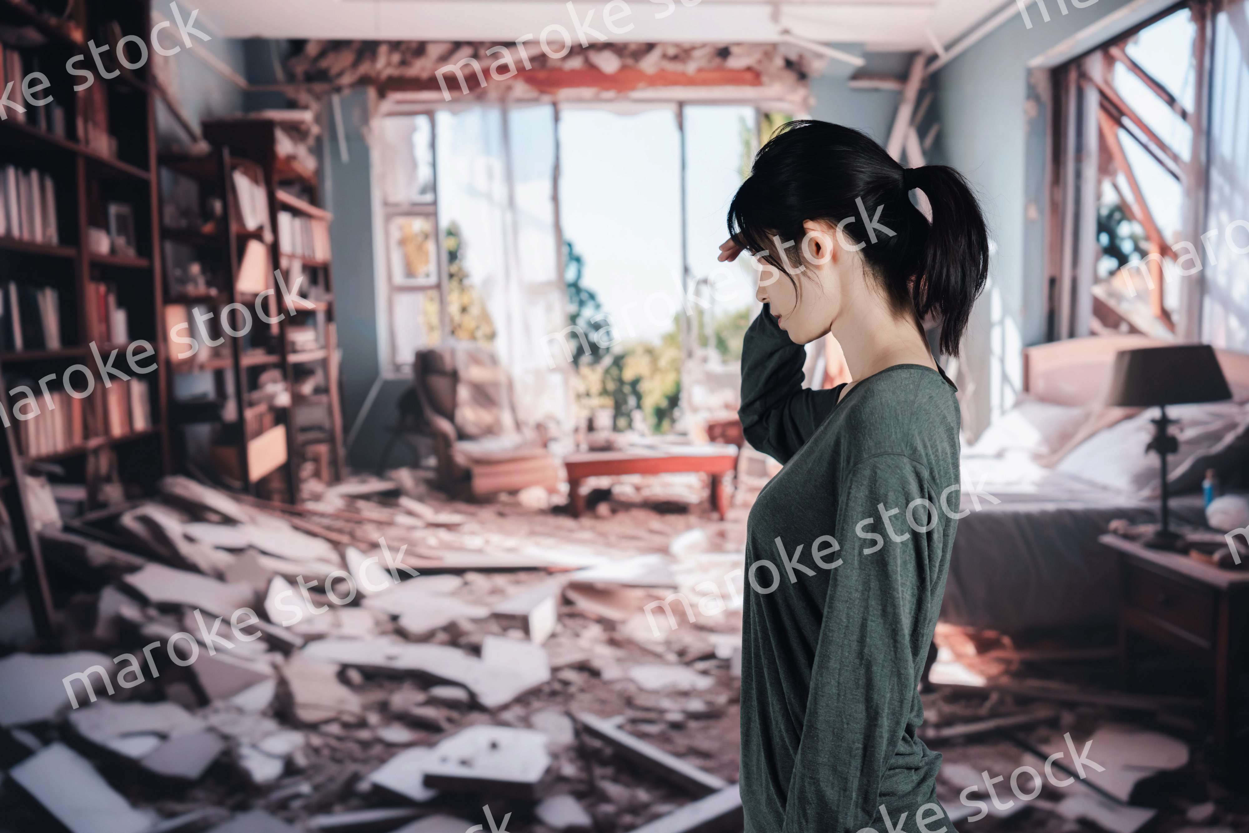 地震で家が倒壊して途方に暮れる女性