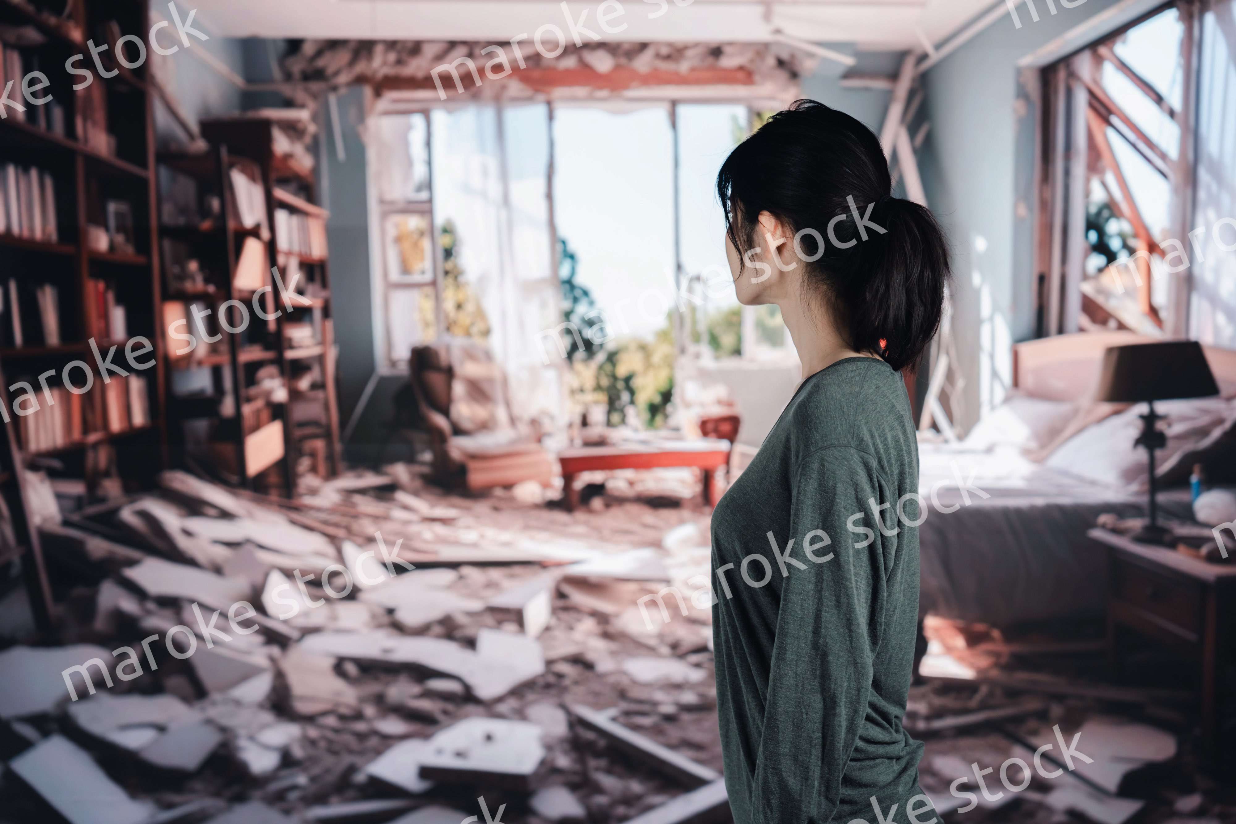 地震で家が倒壊して途方に暮れる女性