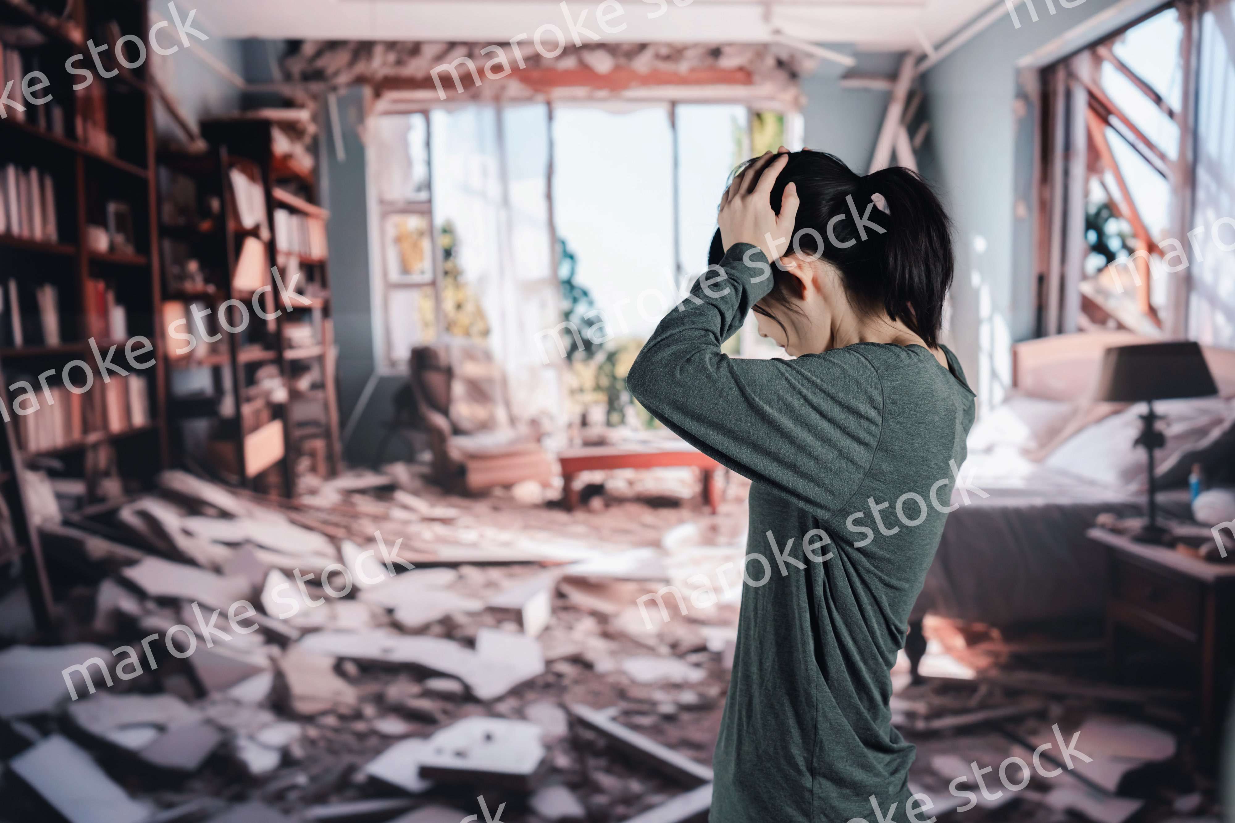 地震で家が倒壊して途方に暮れる女性