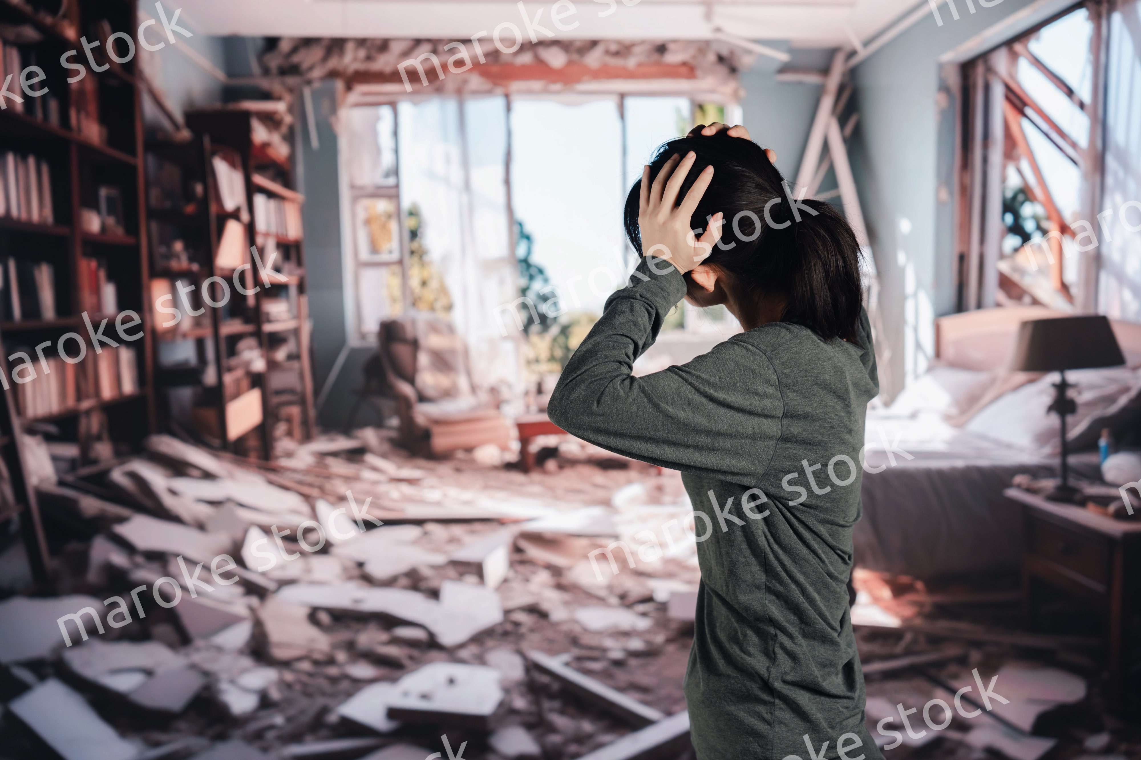 地震で家が倒壊して途方に暮れる女性