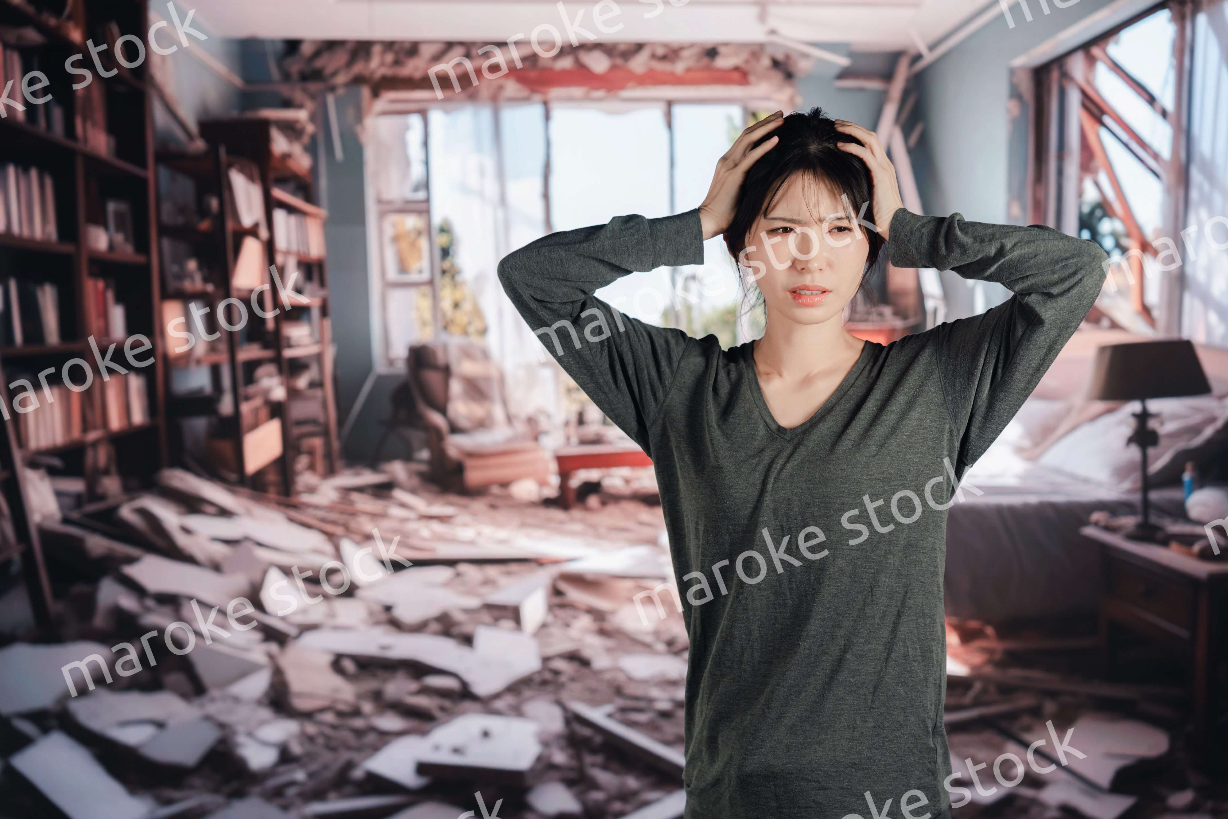 地震で家が倒壊して途方に暮れる女性