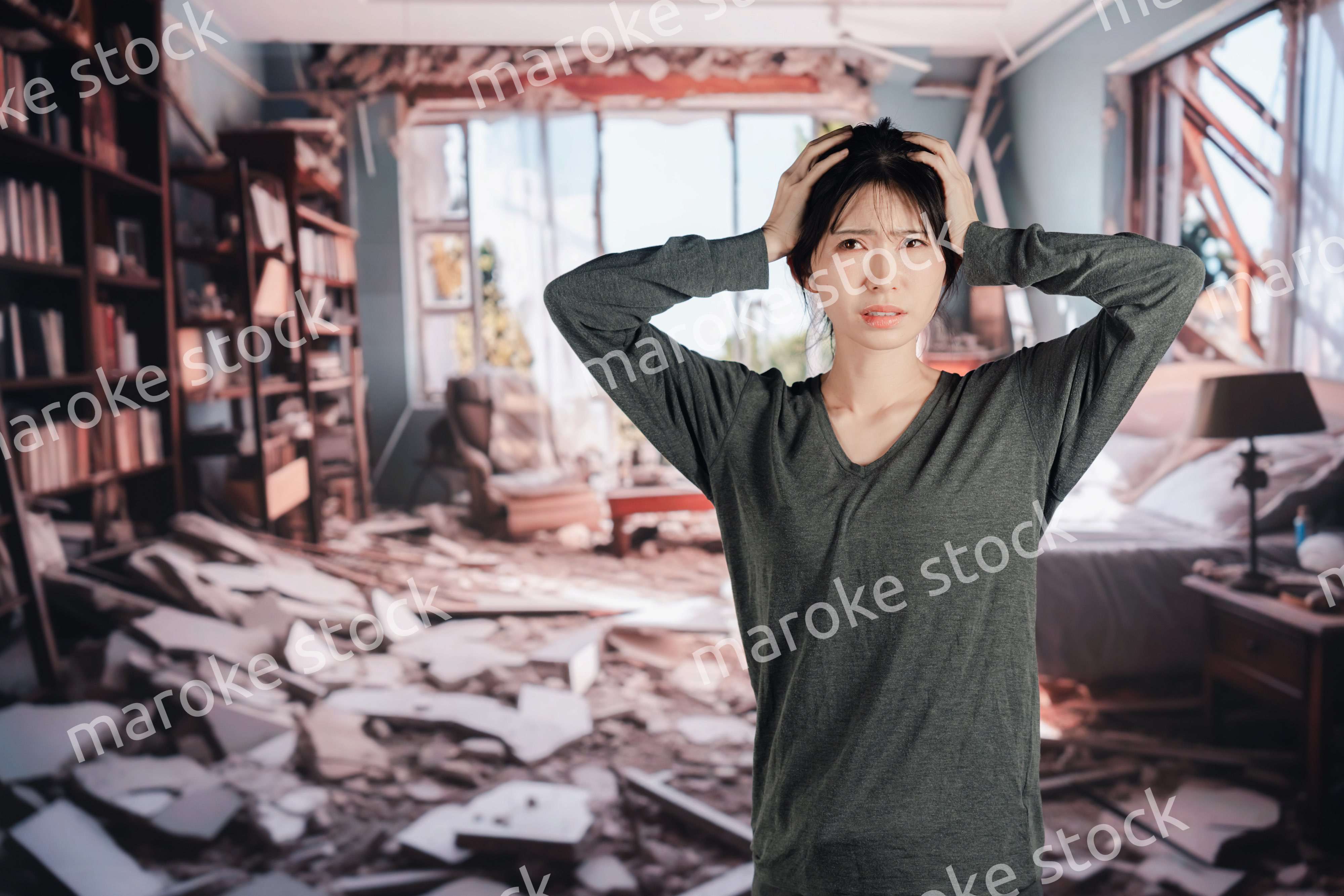 地震で家が倒壊して途方に暮れる女性