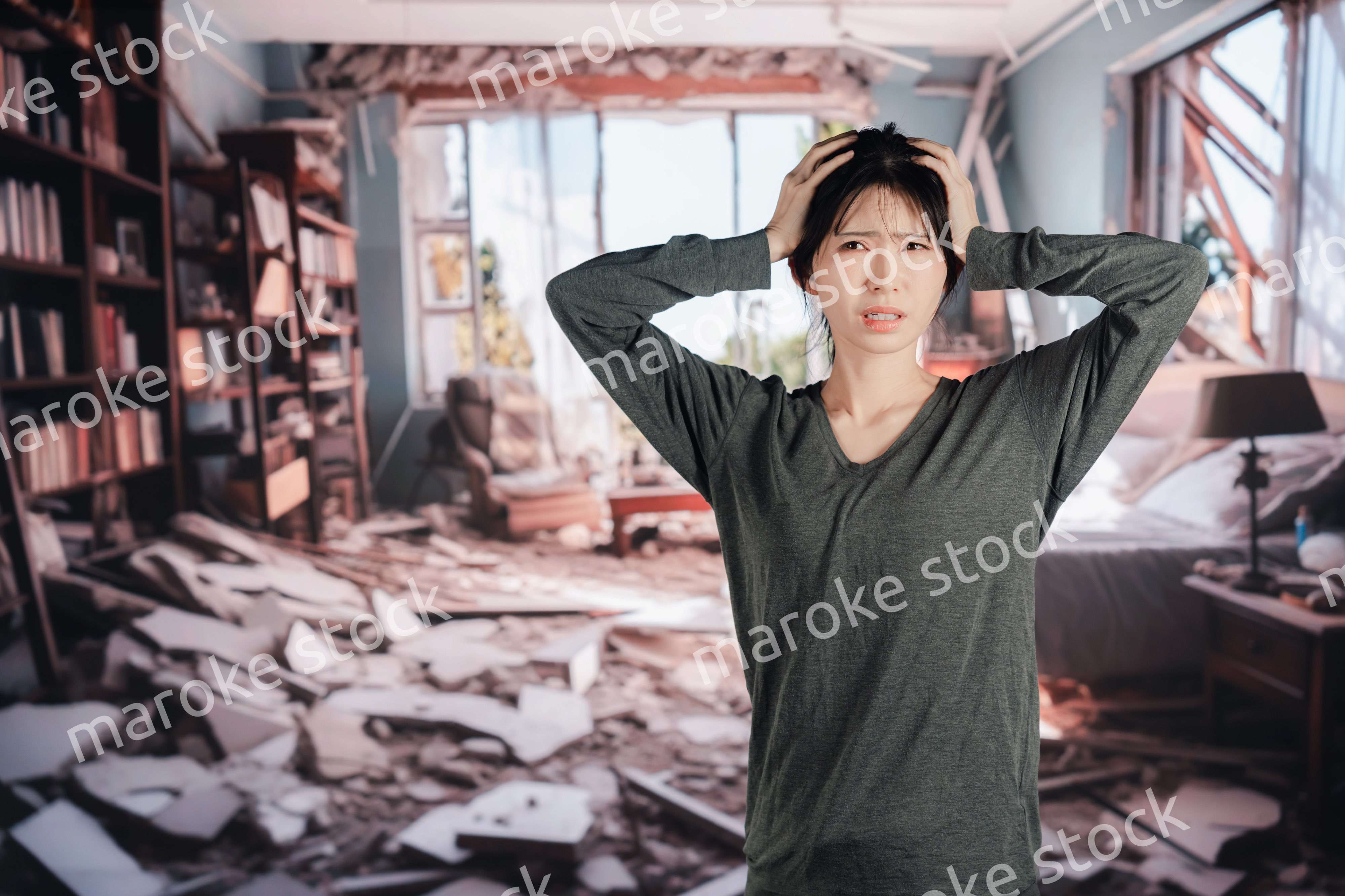 地震で家が倒壊して途方に暮れる女性