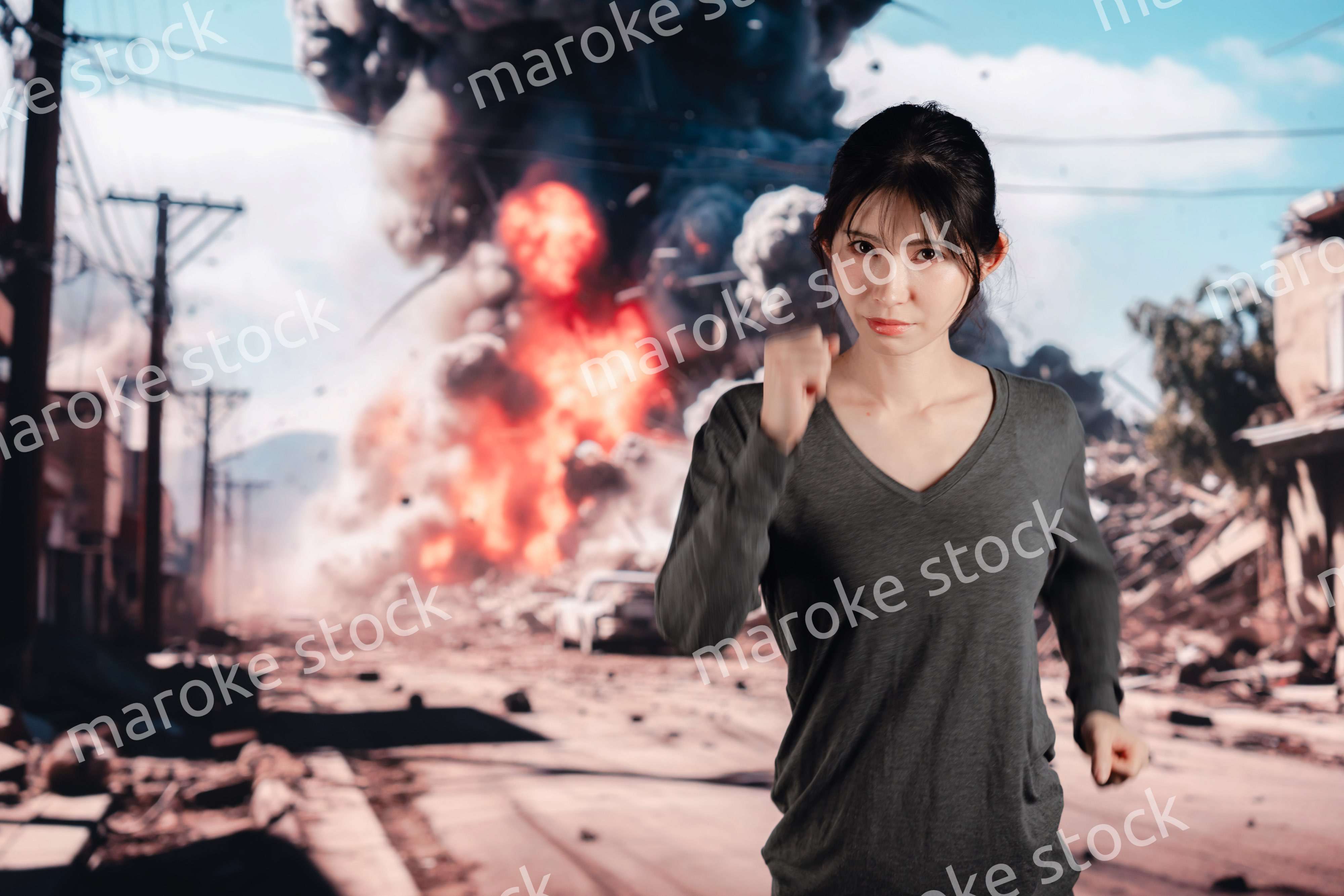 爆発から逃げる若い女性